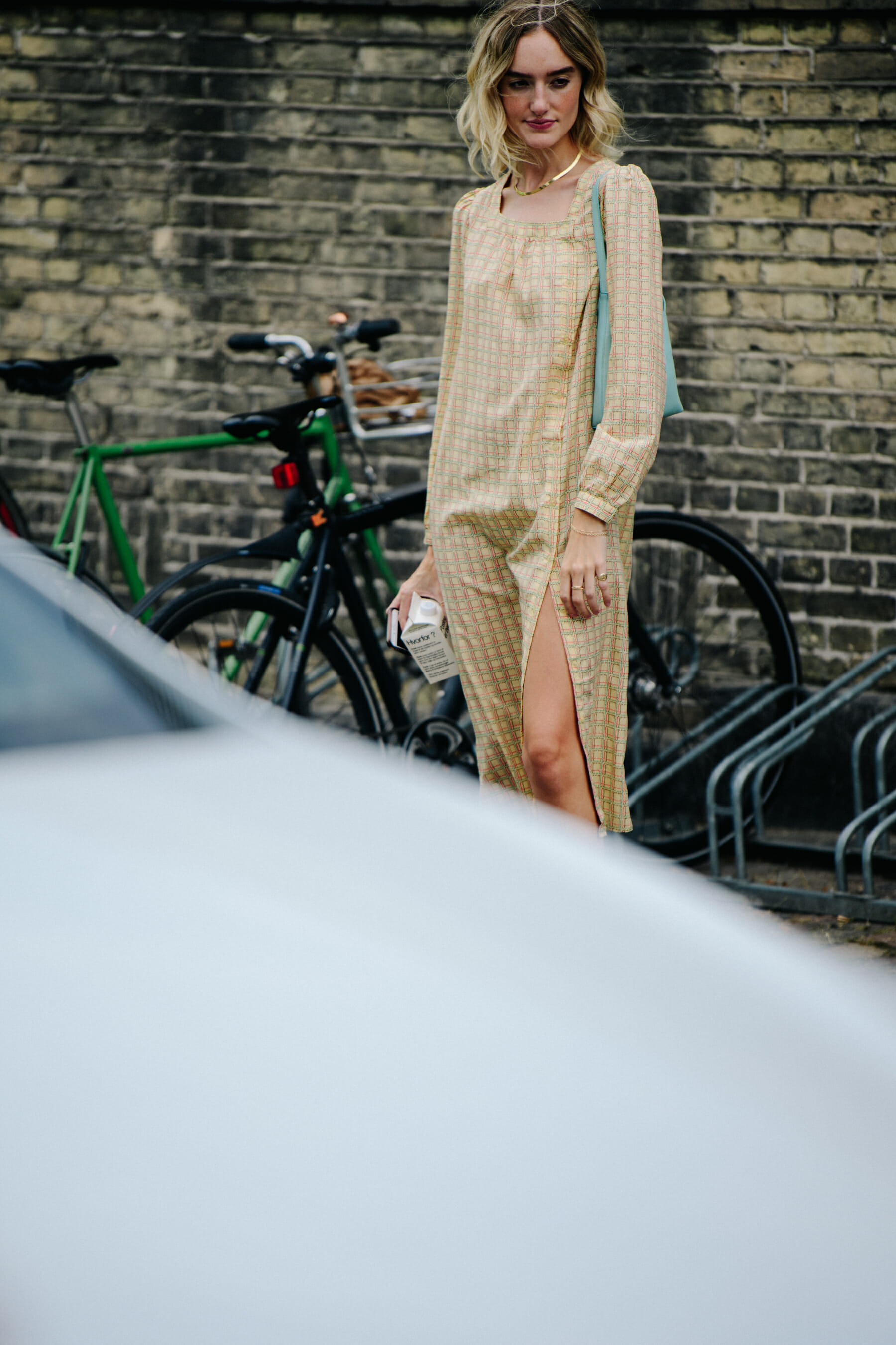 Woman wearing check dress