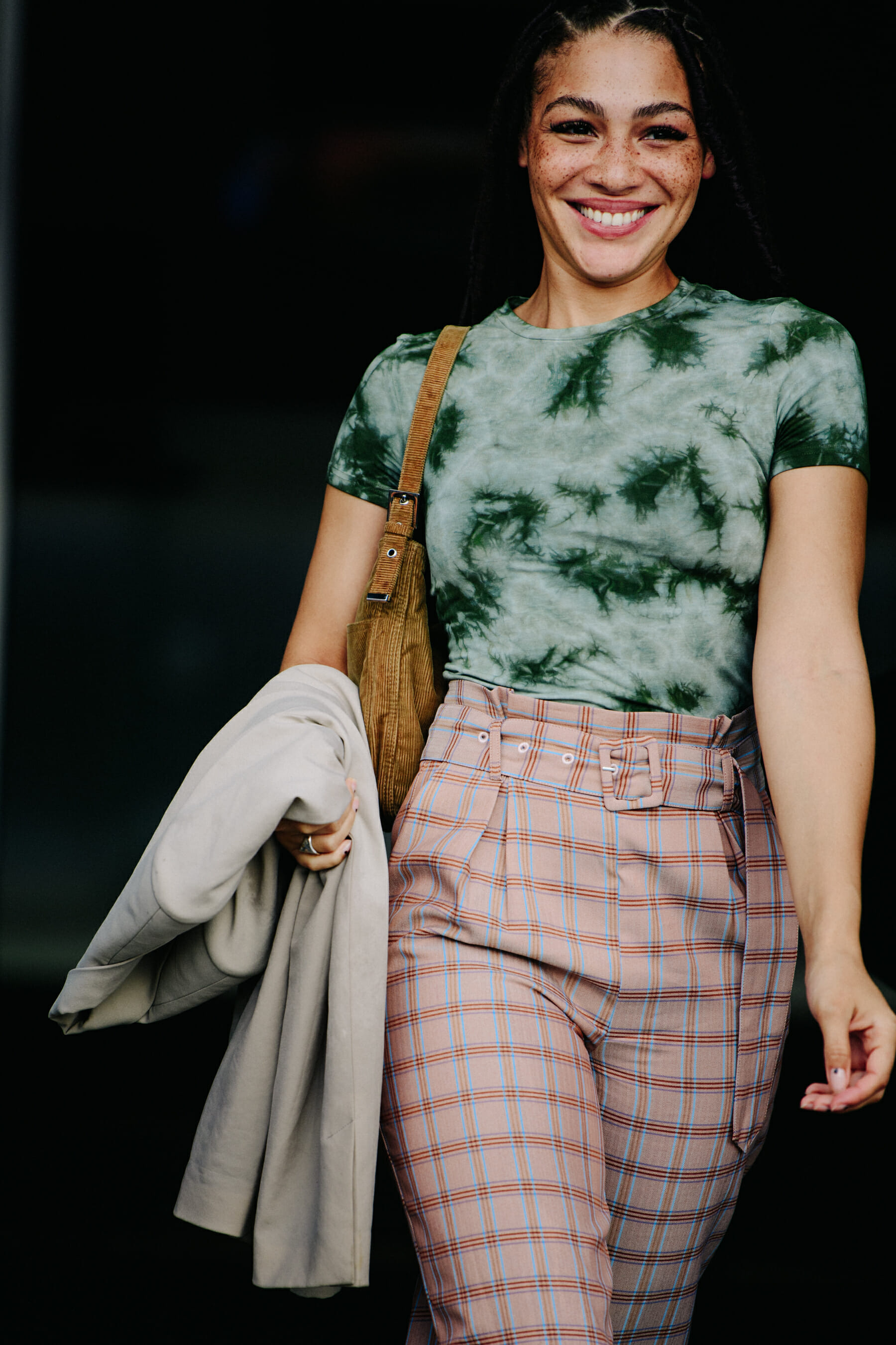 Woman wearing check pants
