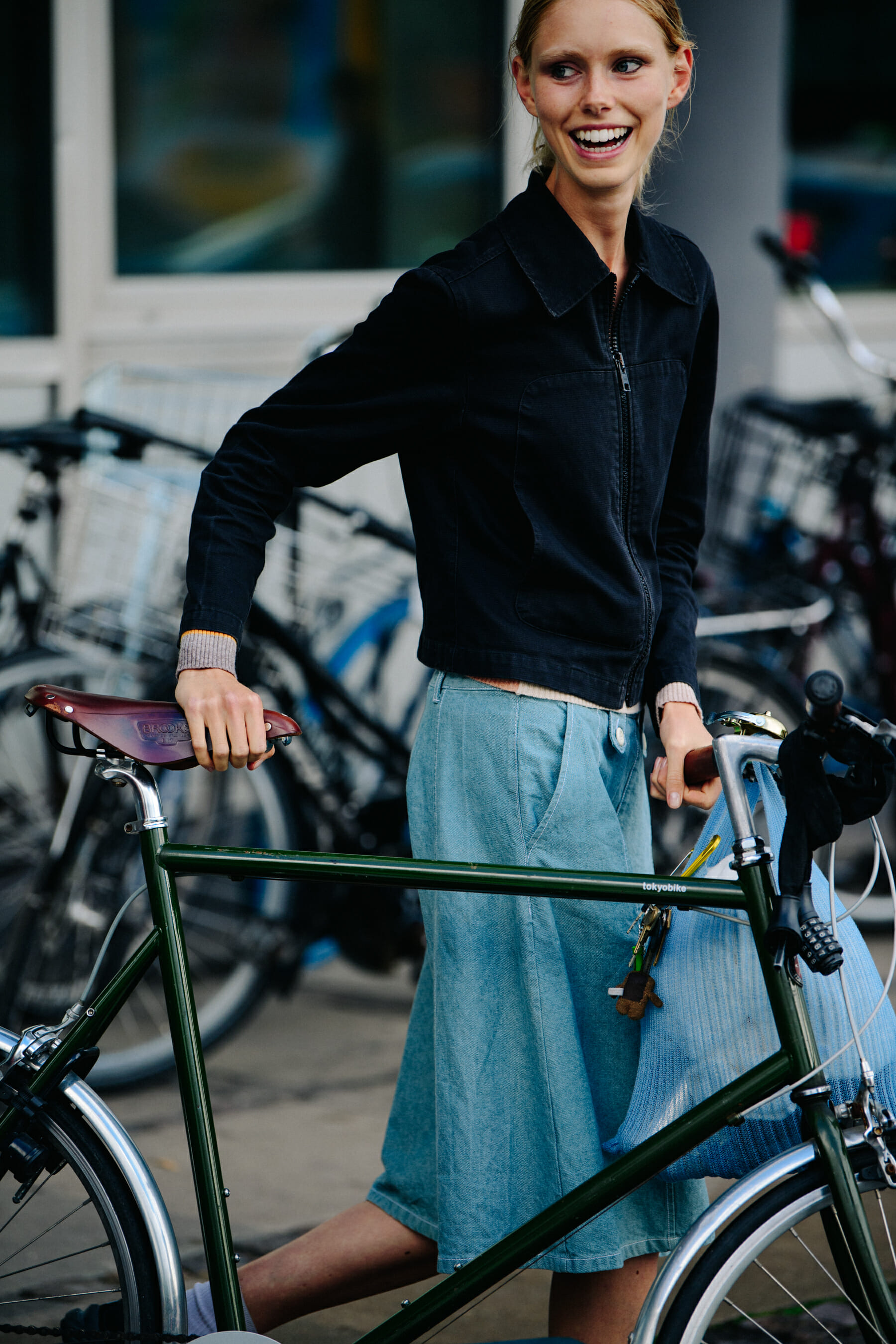 Model wearing blue skirt