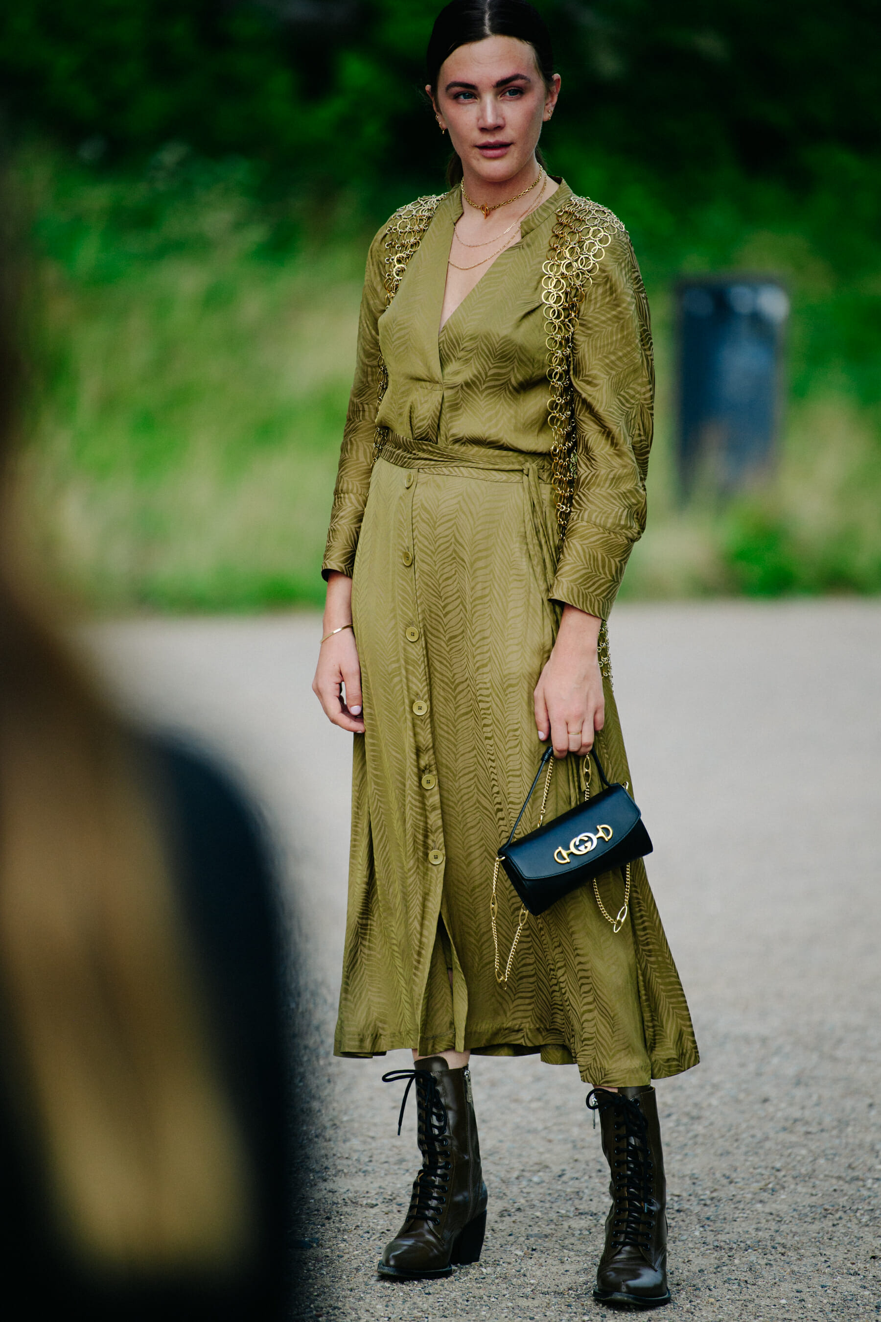 Woman wearing green dress