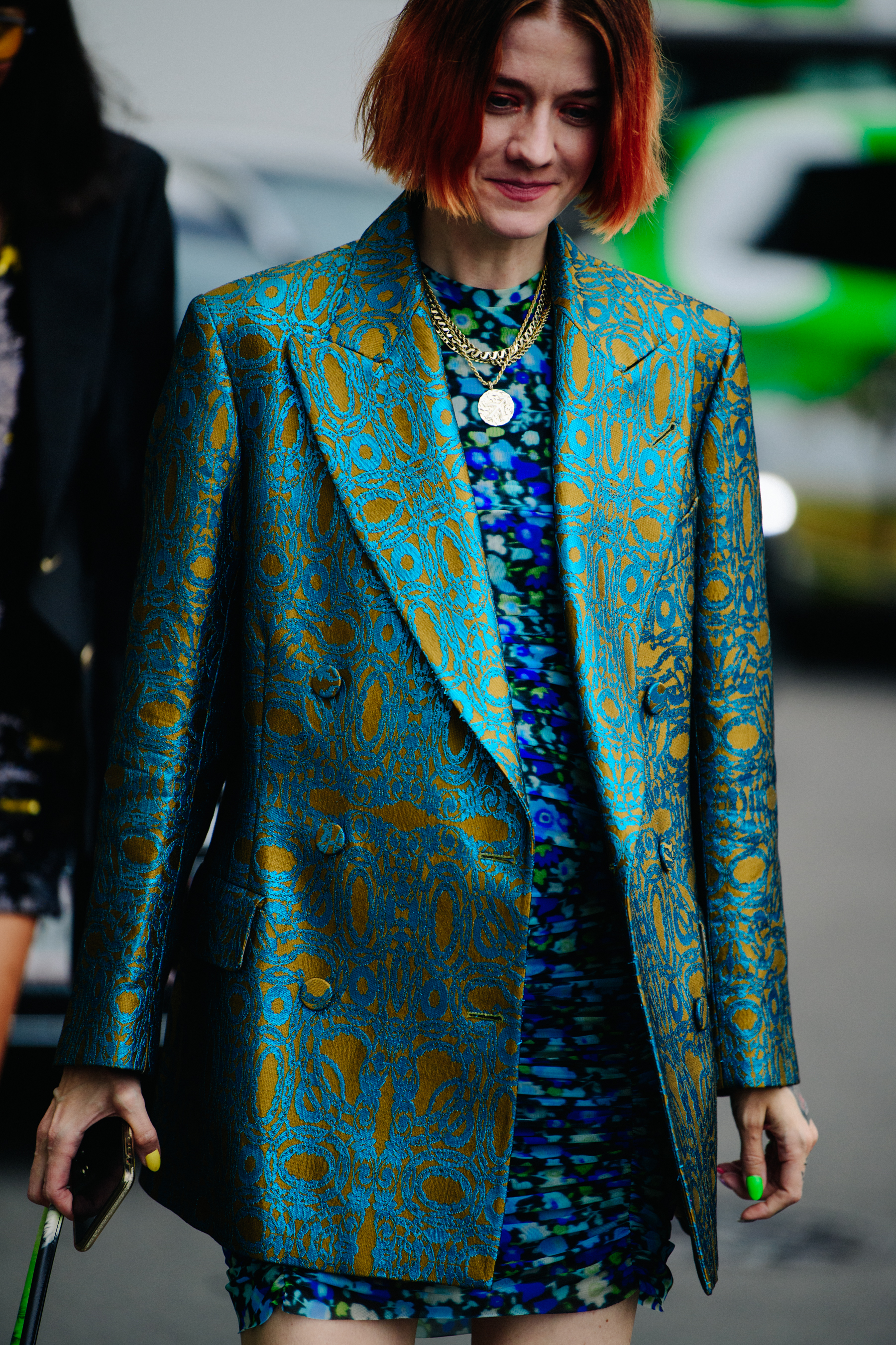 Woman wearing blue jacket