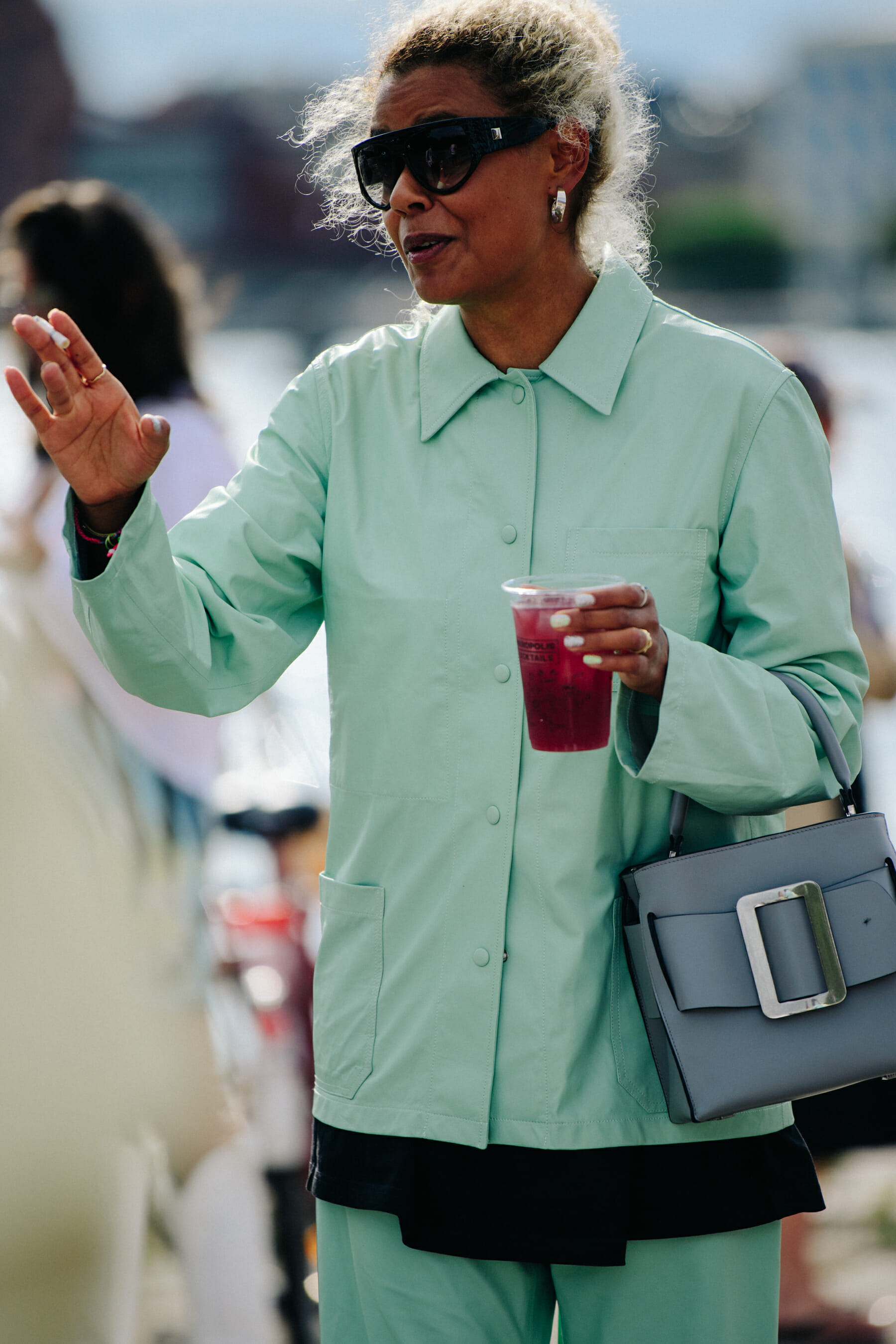 Woman wearing blue jacket
