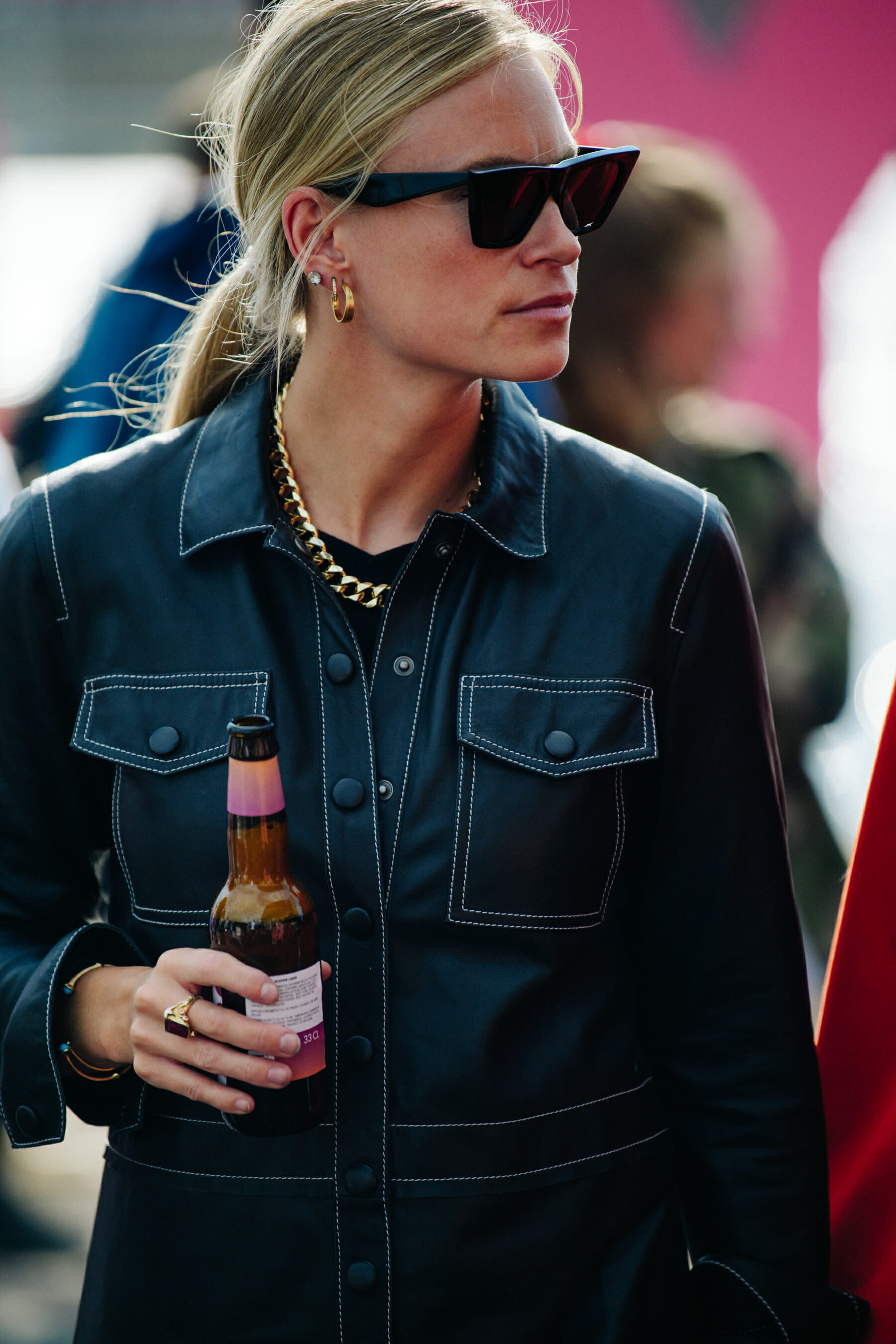 Woman wearing leather shirt