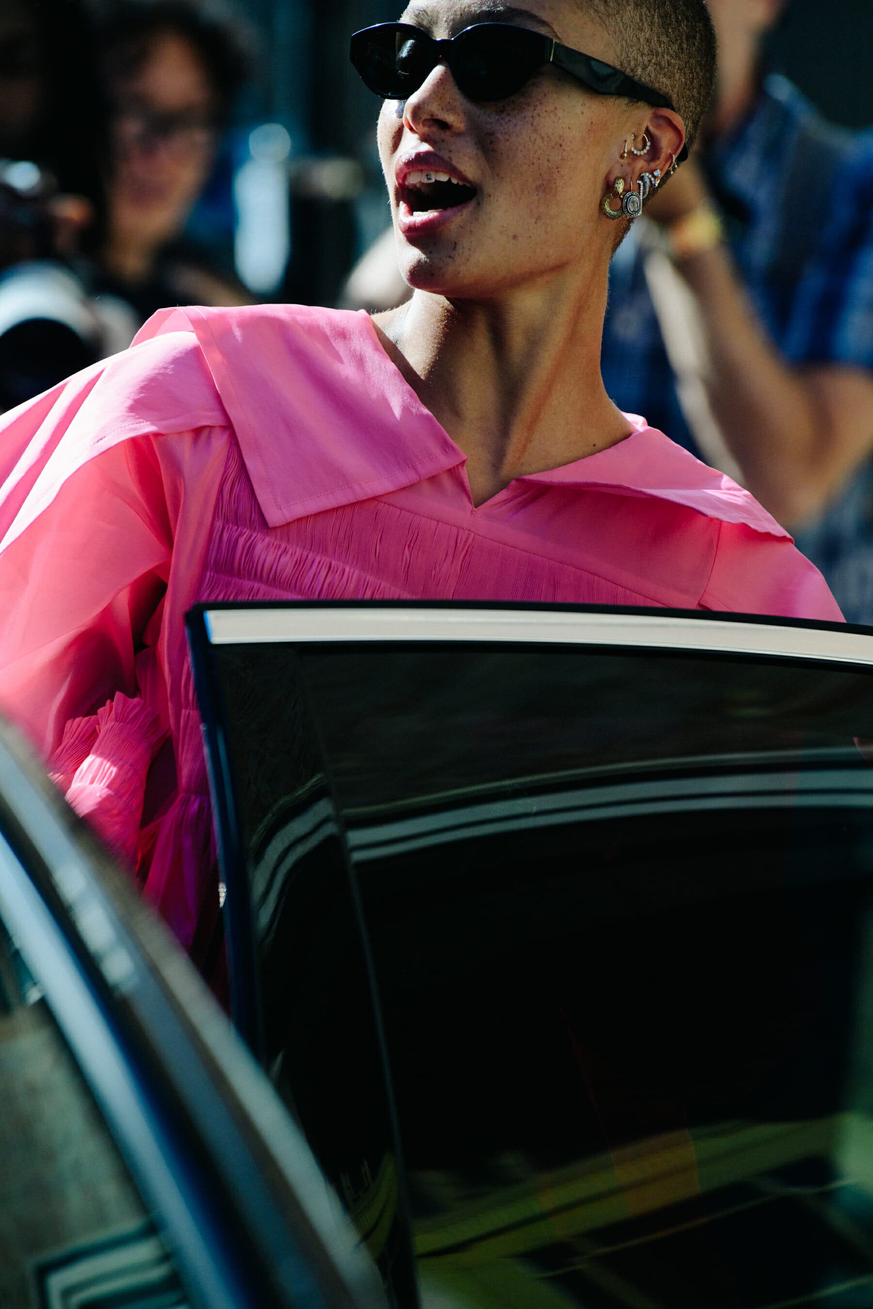 Model wearing pink shirt