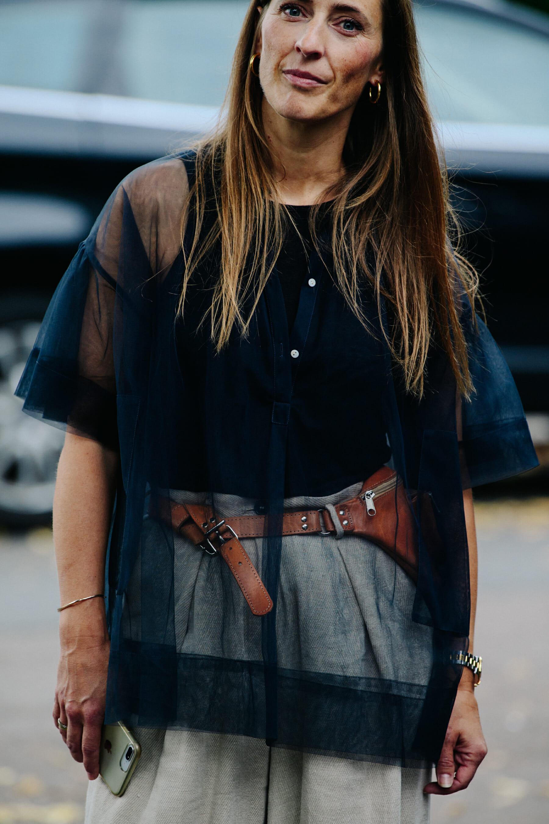 Woman wearing lace black top