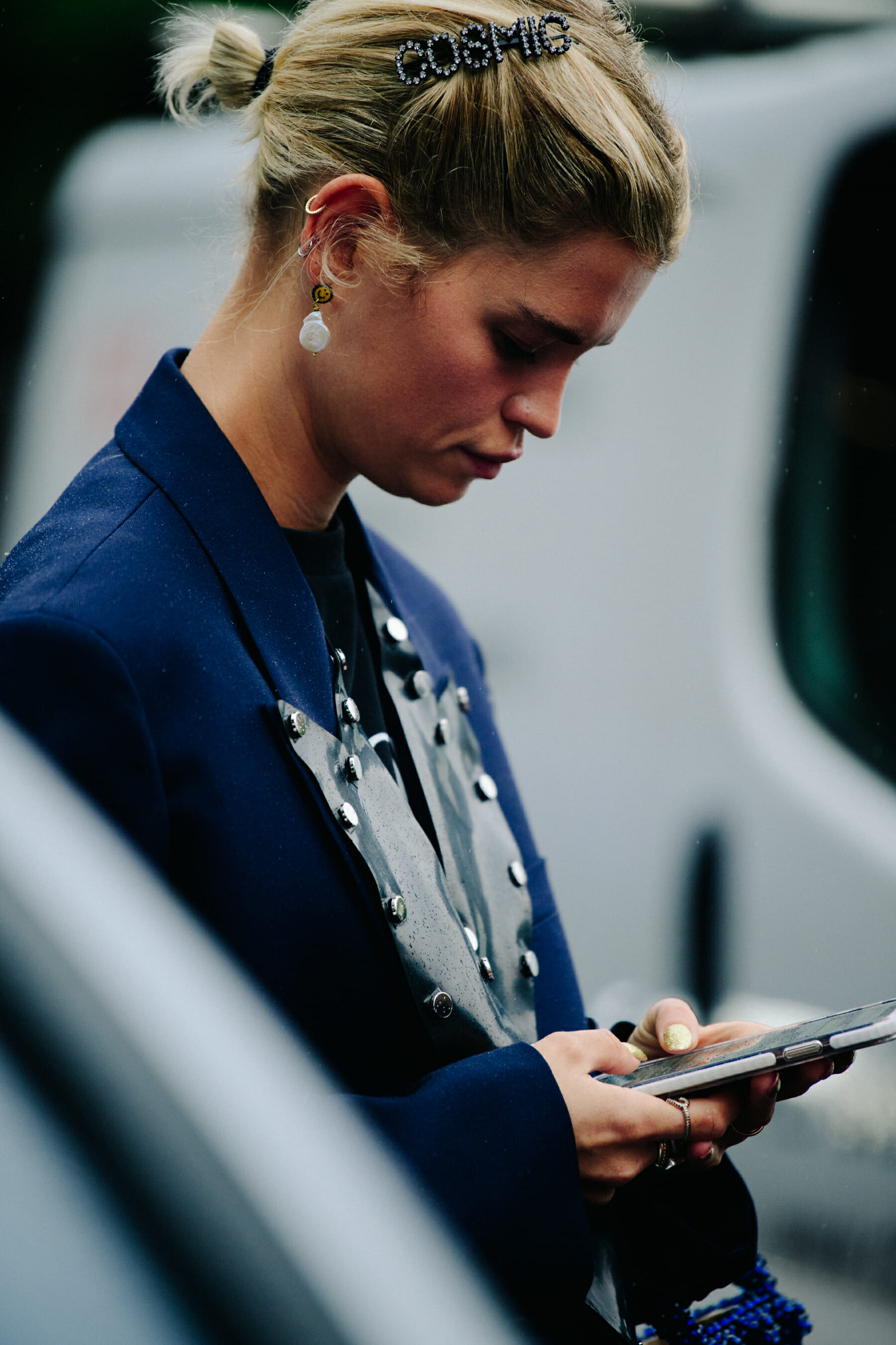 Woman wearing text hairclip