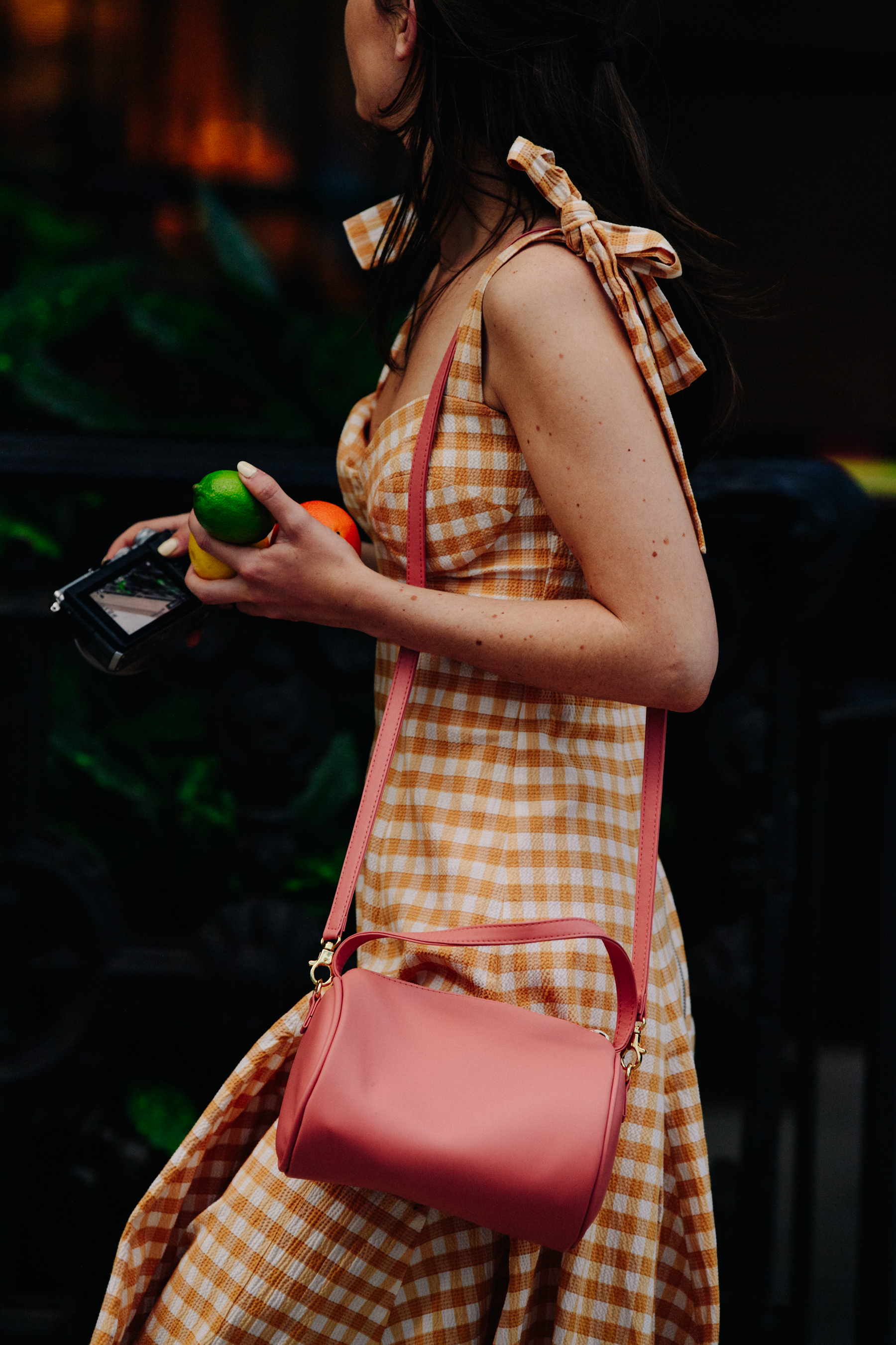 Woman wearing check dress