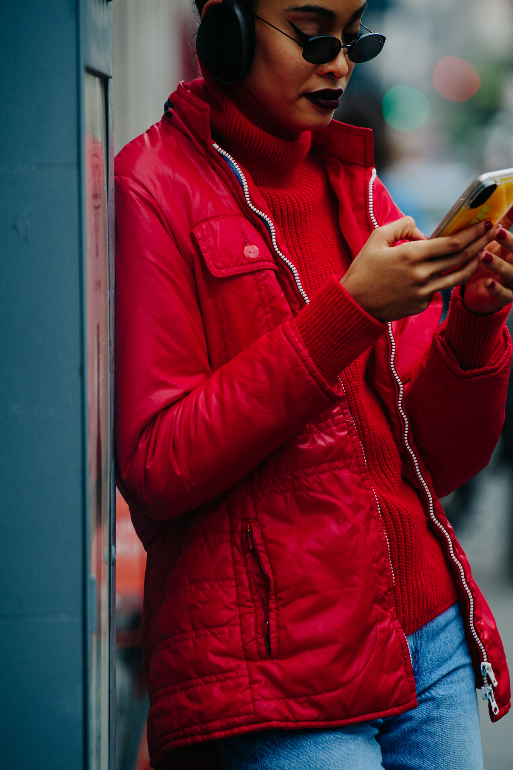 Model wearing red outfit