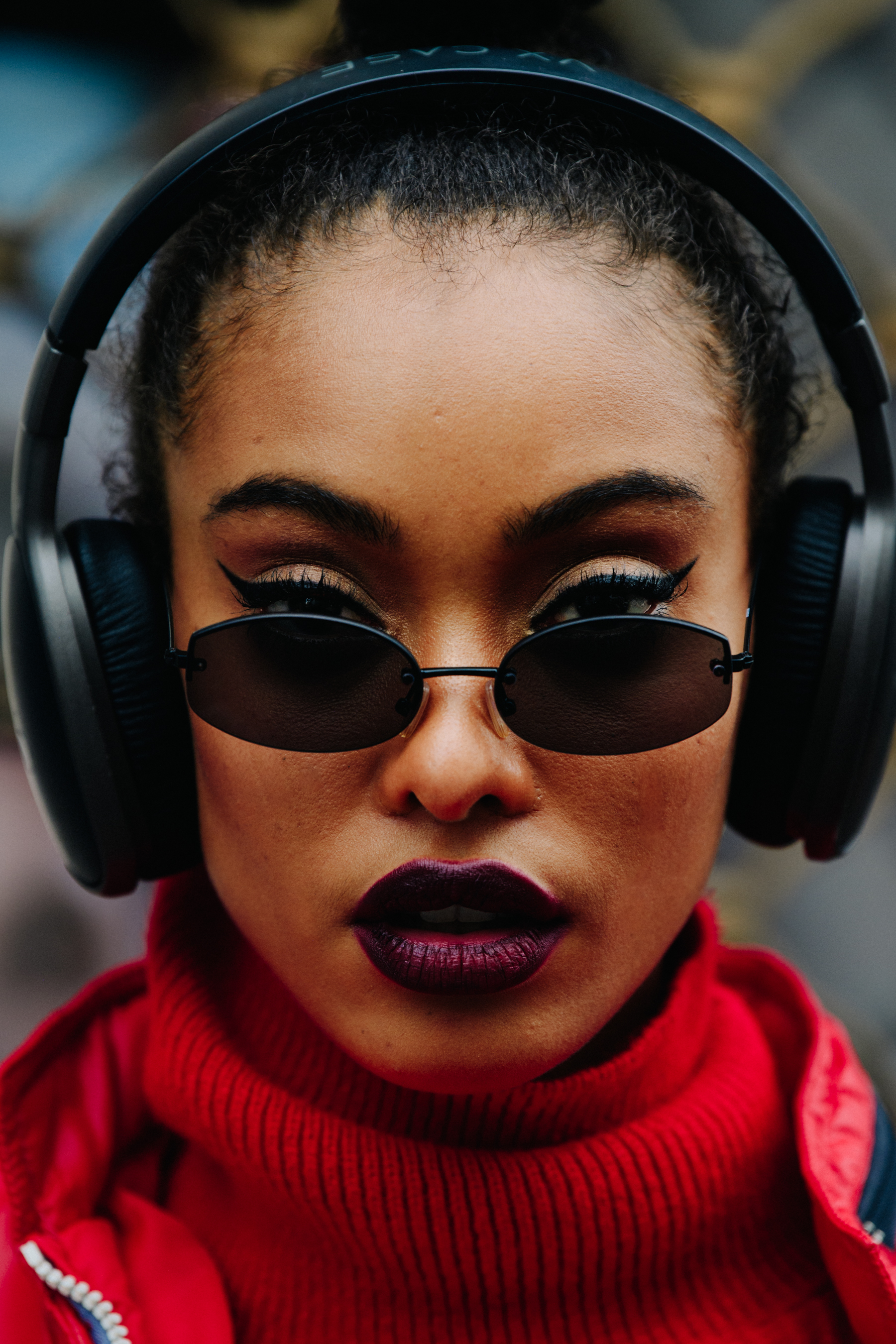 Portrait of model wearing black glasses