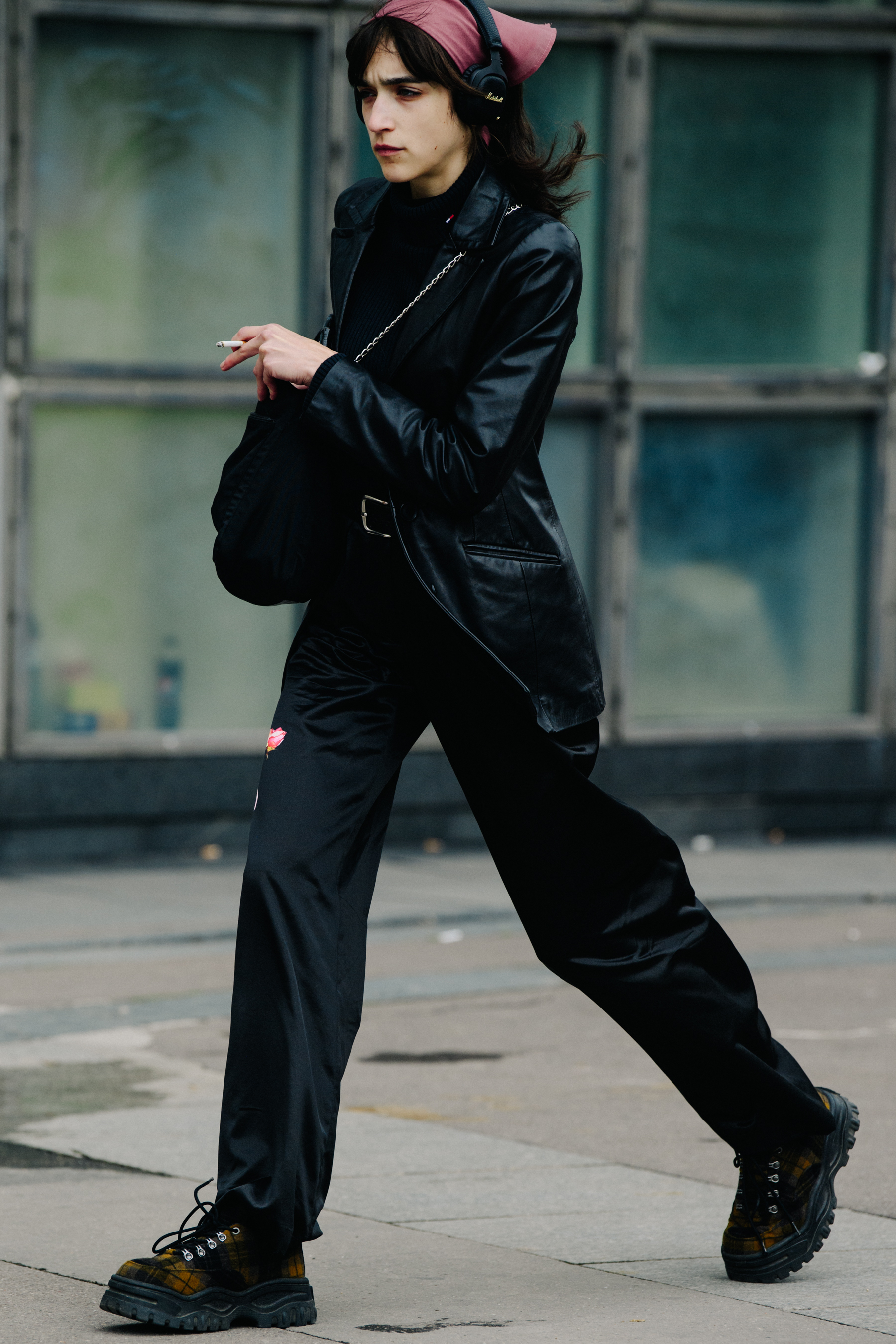 Model wearing black chunky sneakers