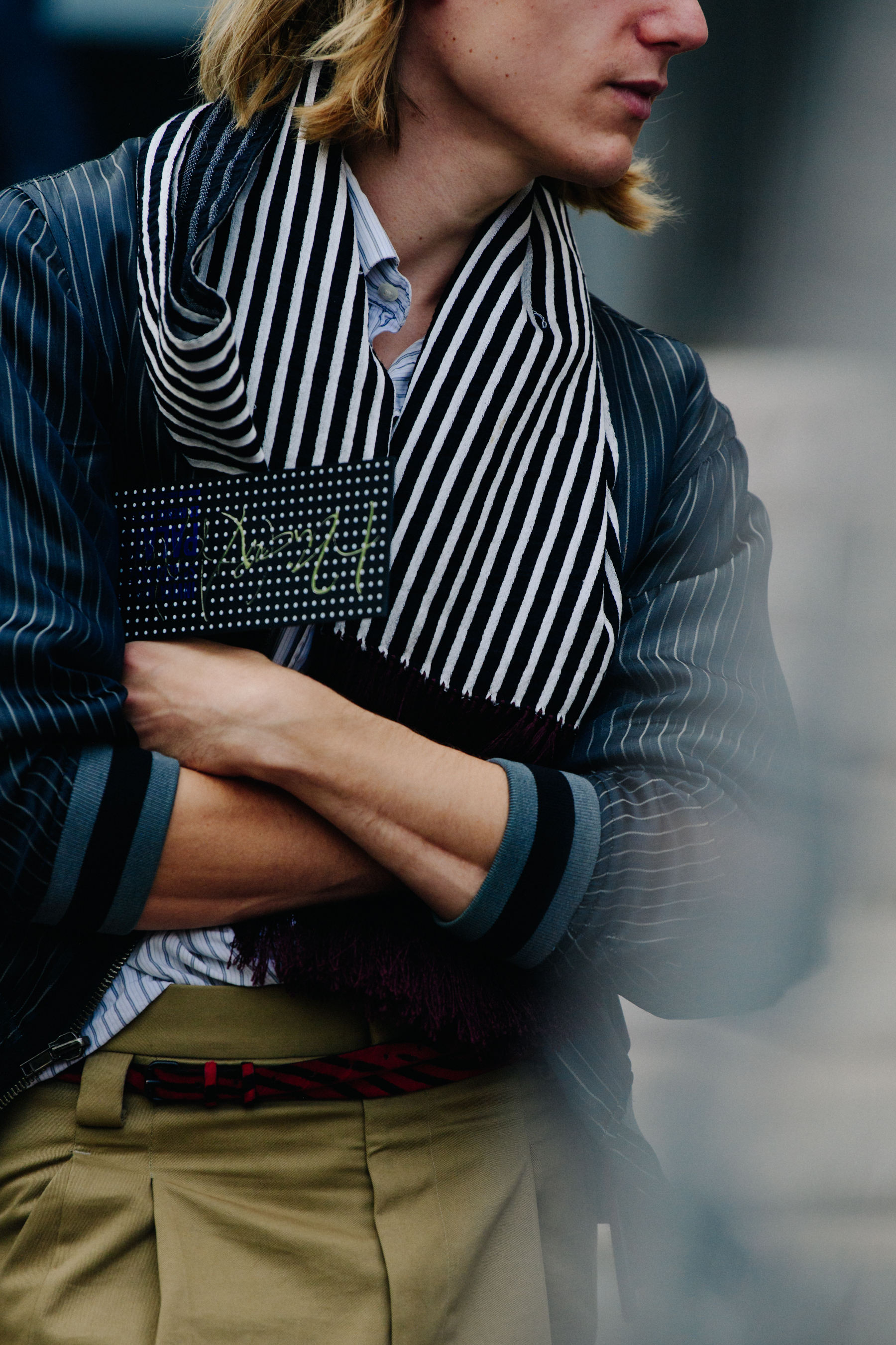 Model wearing striped jacket