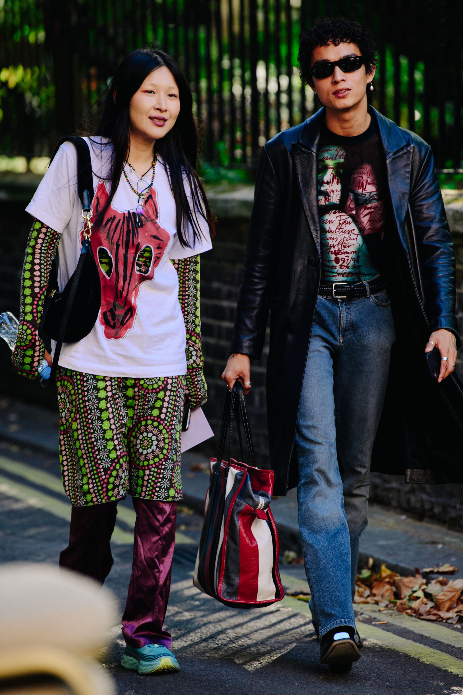 Couple wearing pattern tee shirts