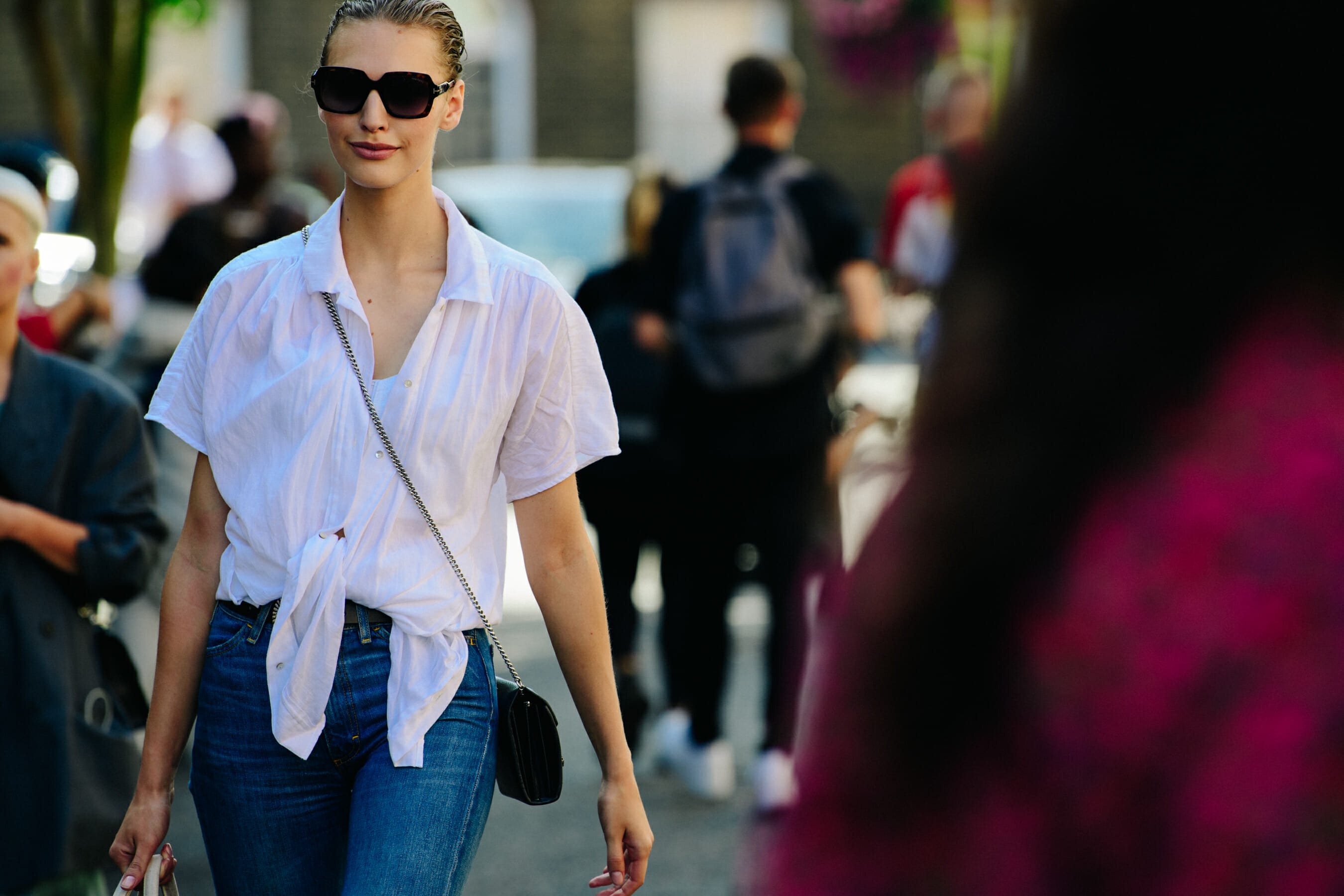 Model wearing white shirt