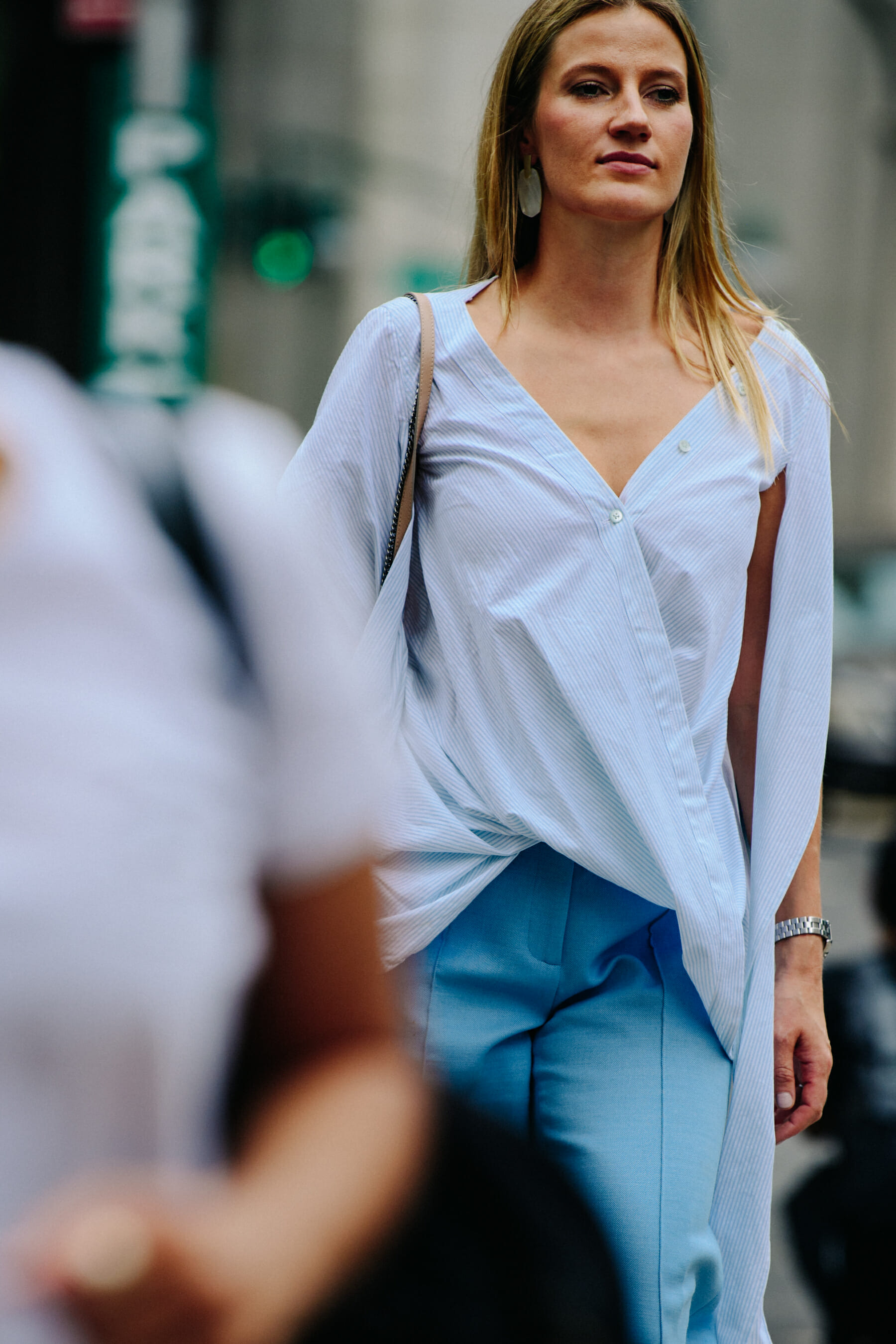 Woman wearing blue shirt