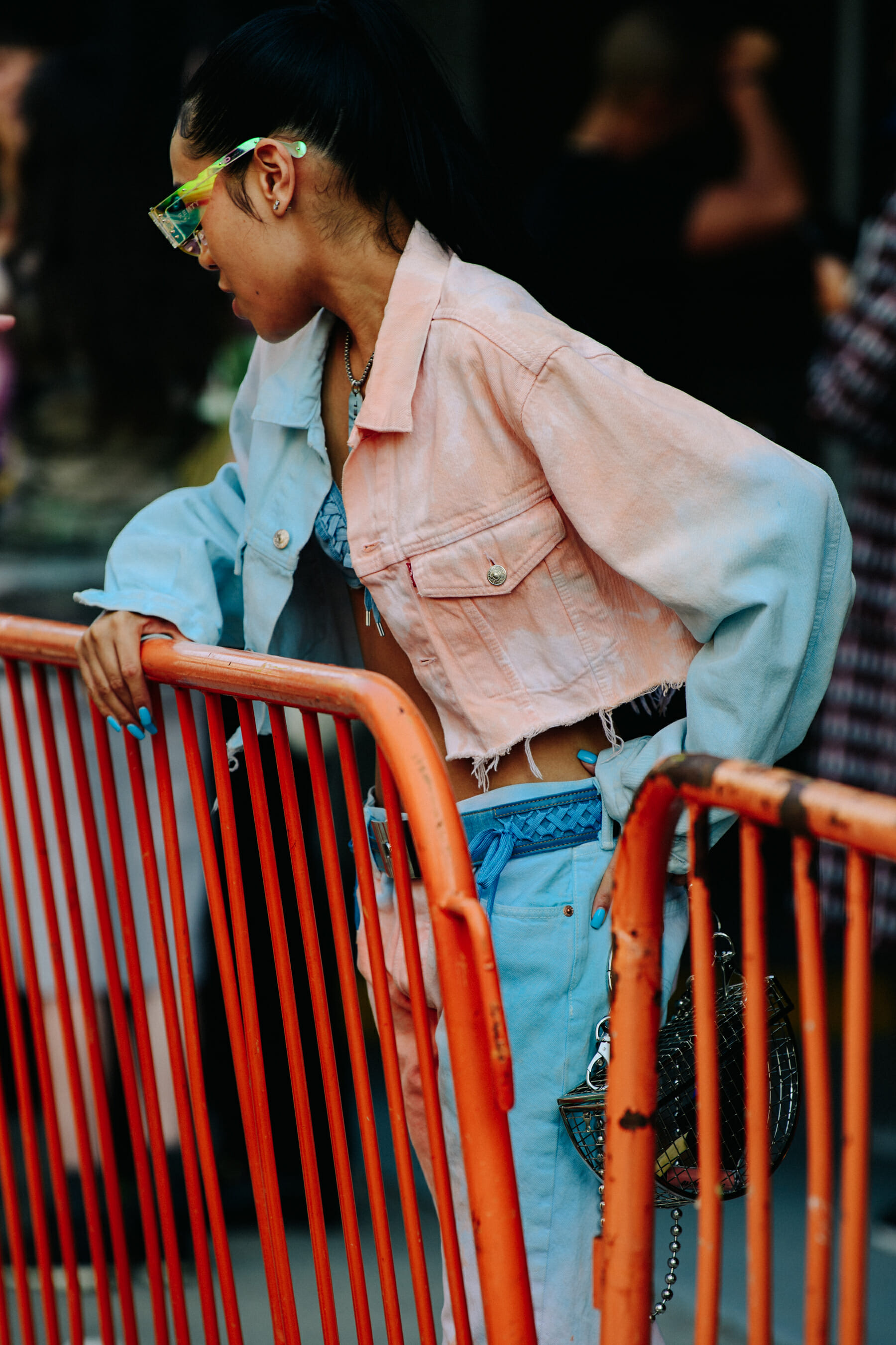 Woman wearing fade denim outfit