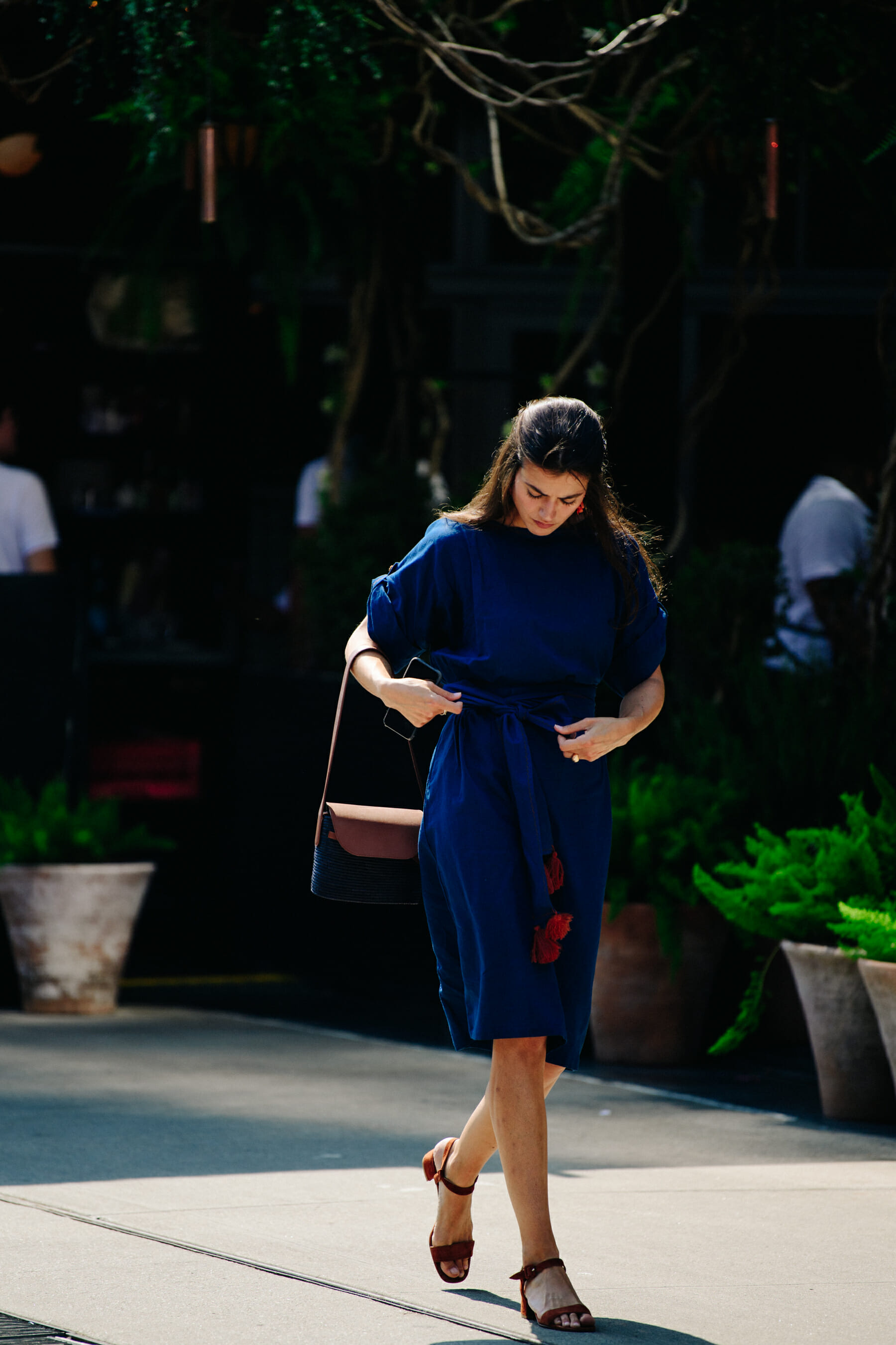 Woman wearing blue dress