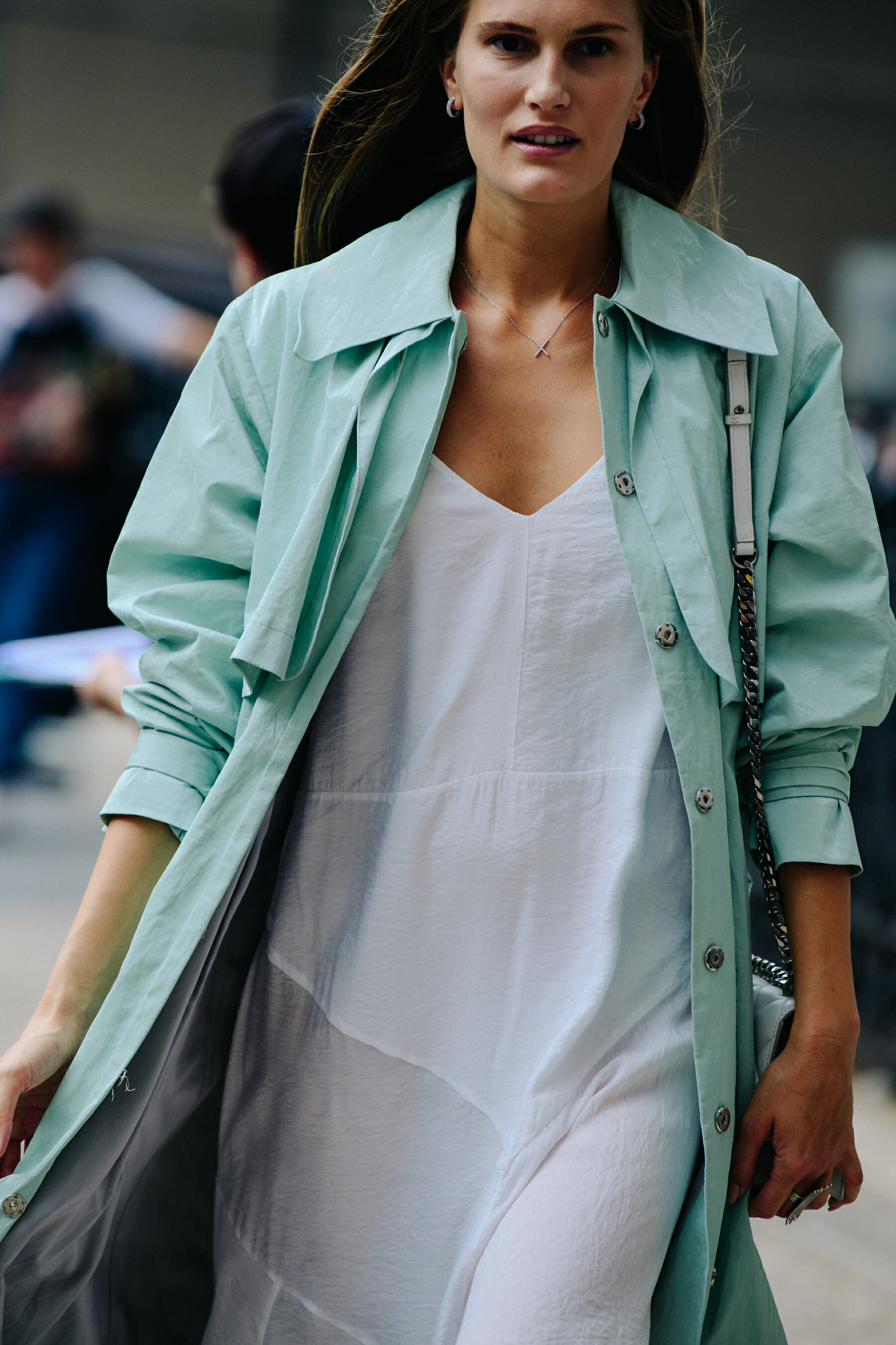 Woman wearing blue coat