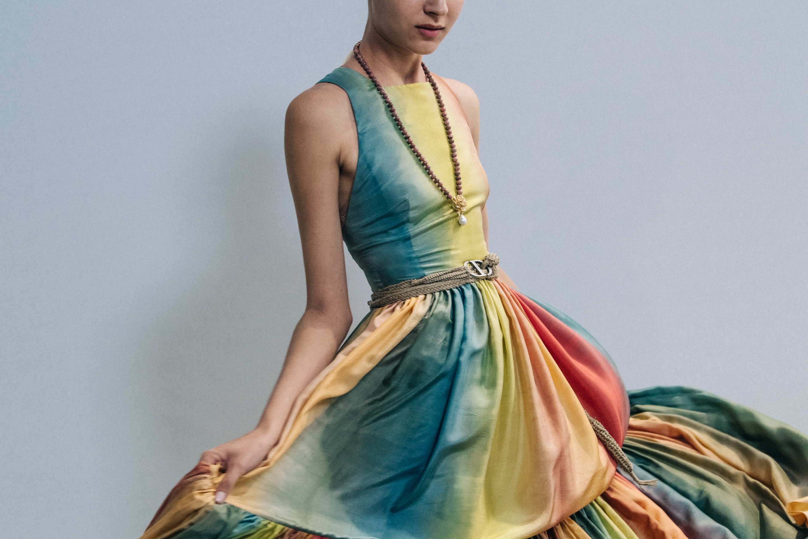 Model wearing colourful dress at Christian Dior