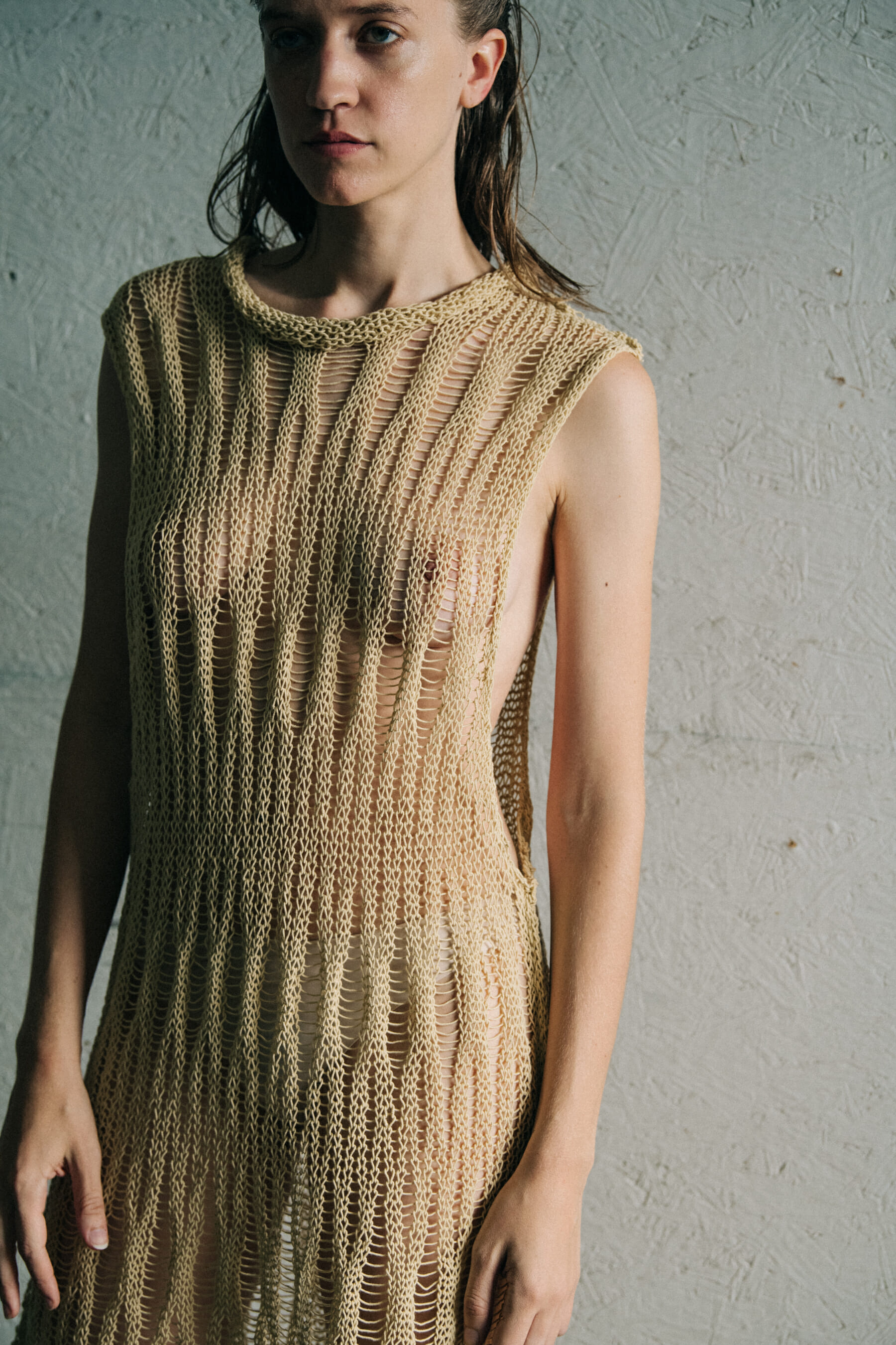 Model wearing wool dress at Eckhaus Latta