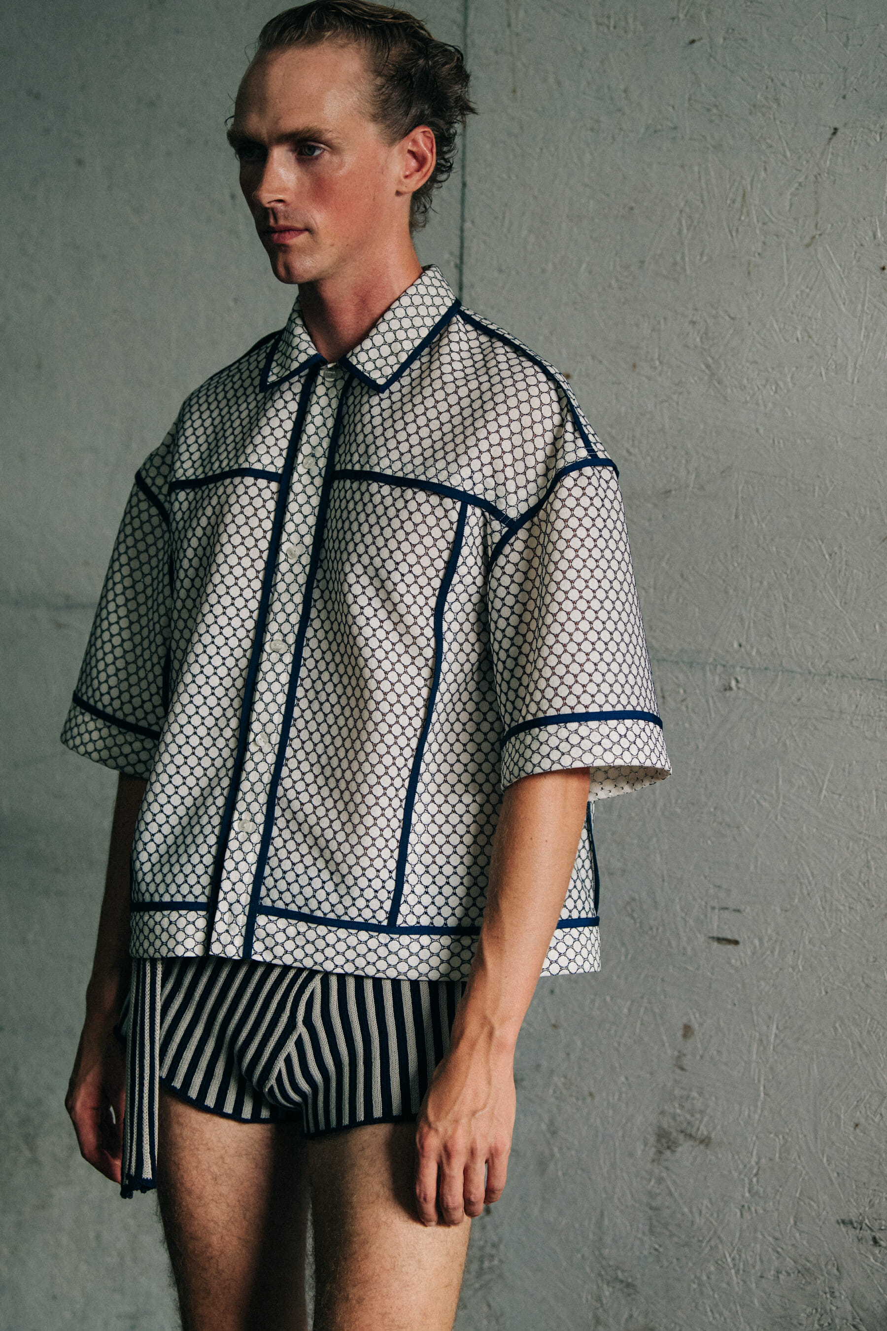 Model wearing wool outfit at Eckhaus Latta