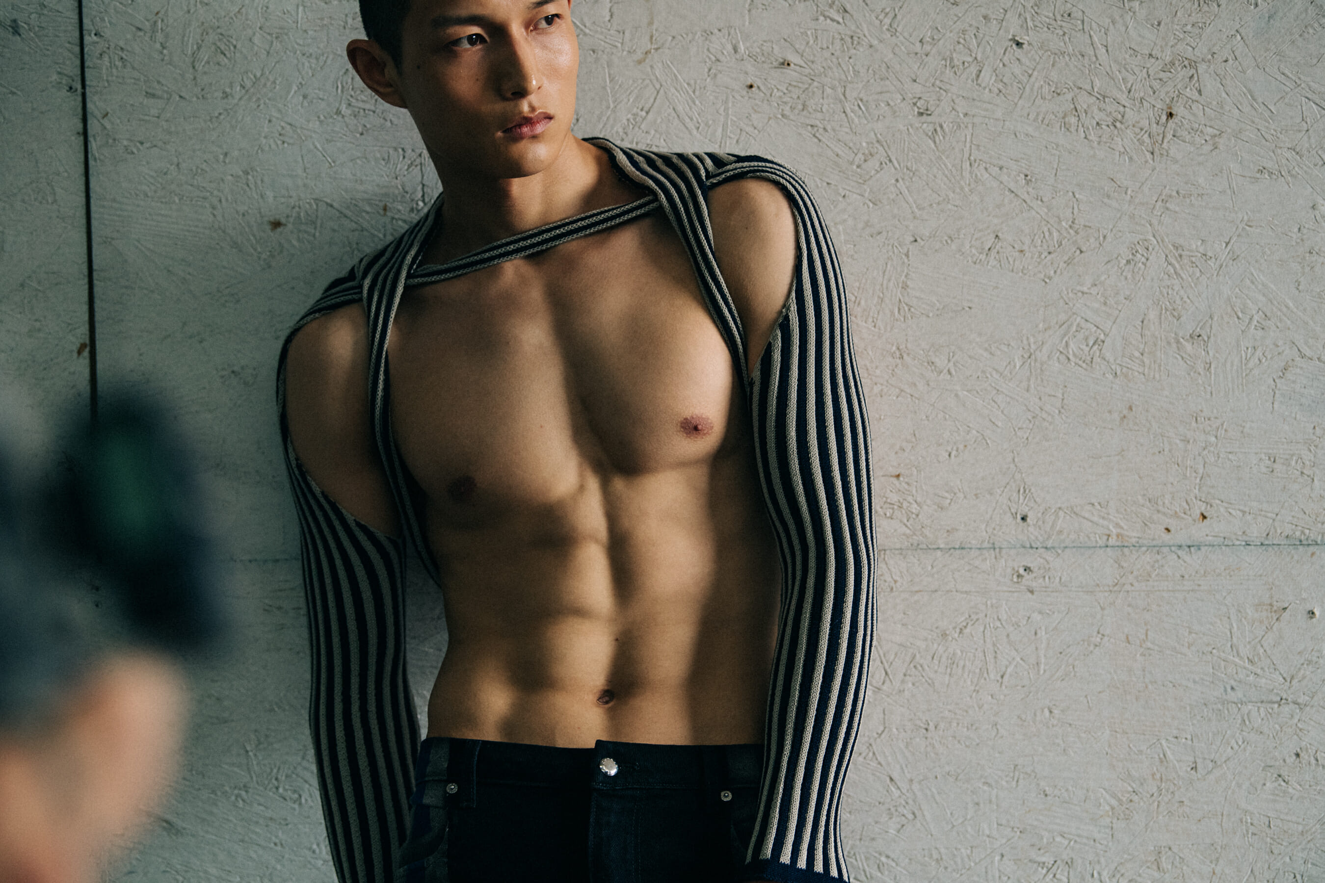 Model wearing wool outfit at Eckhaus Latta