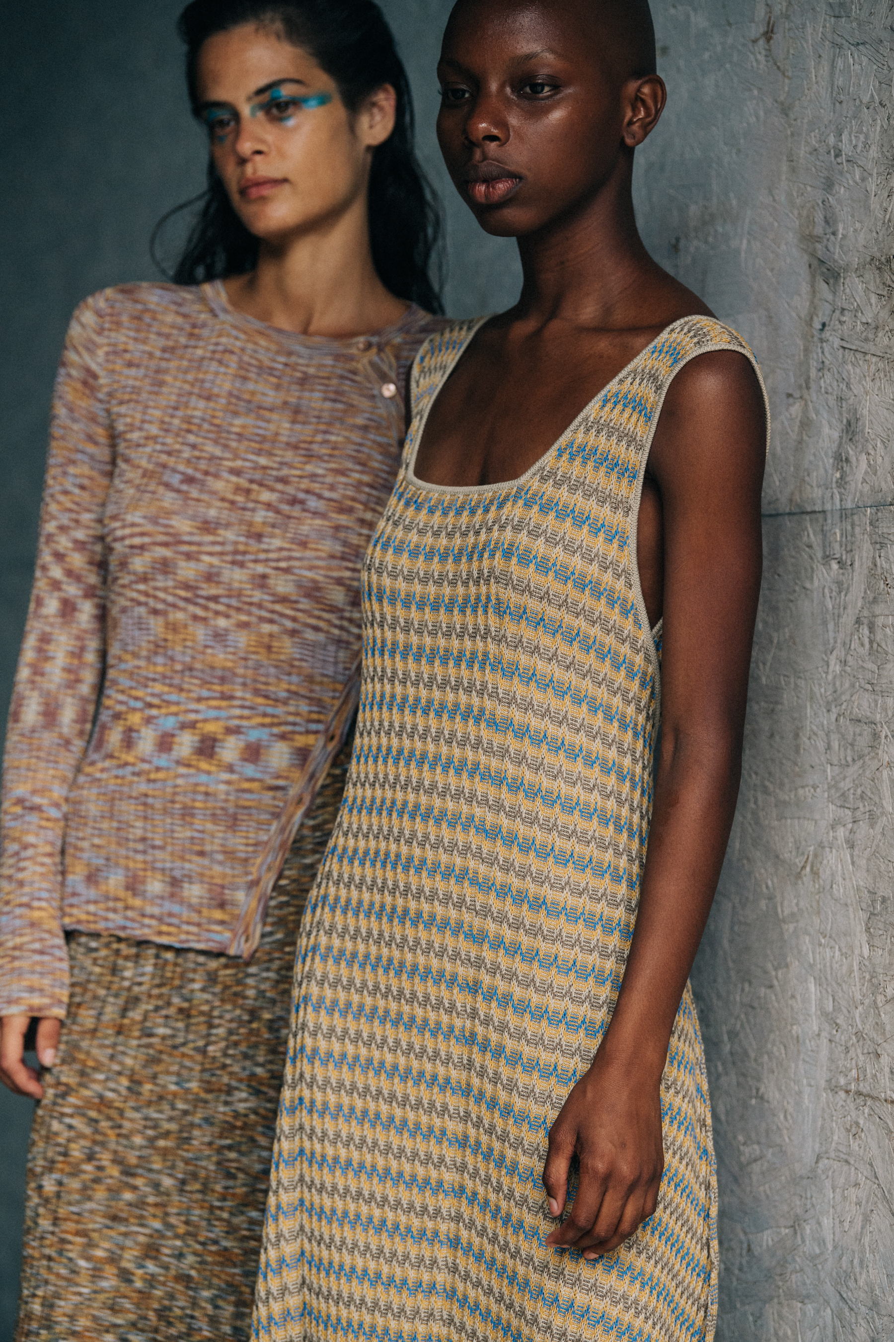 Model wearing wool dress at Eckhaus Latta