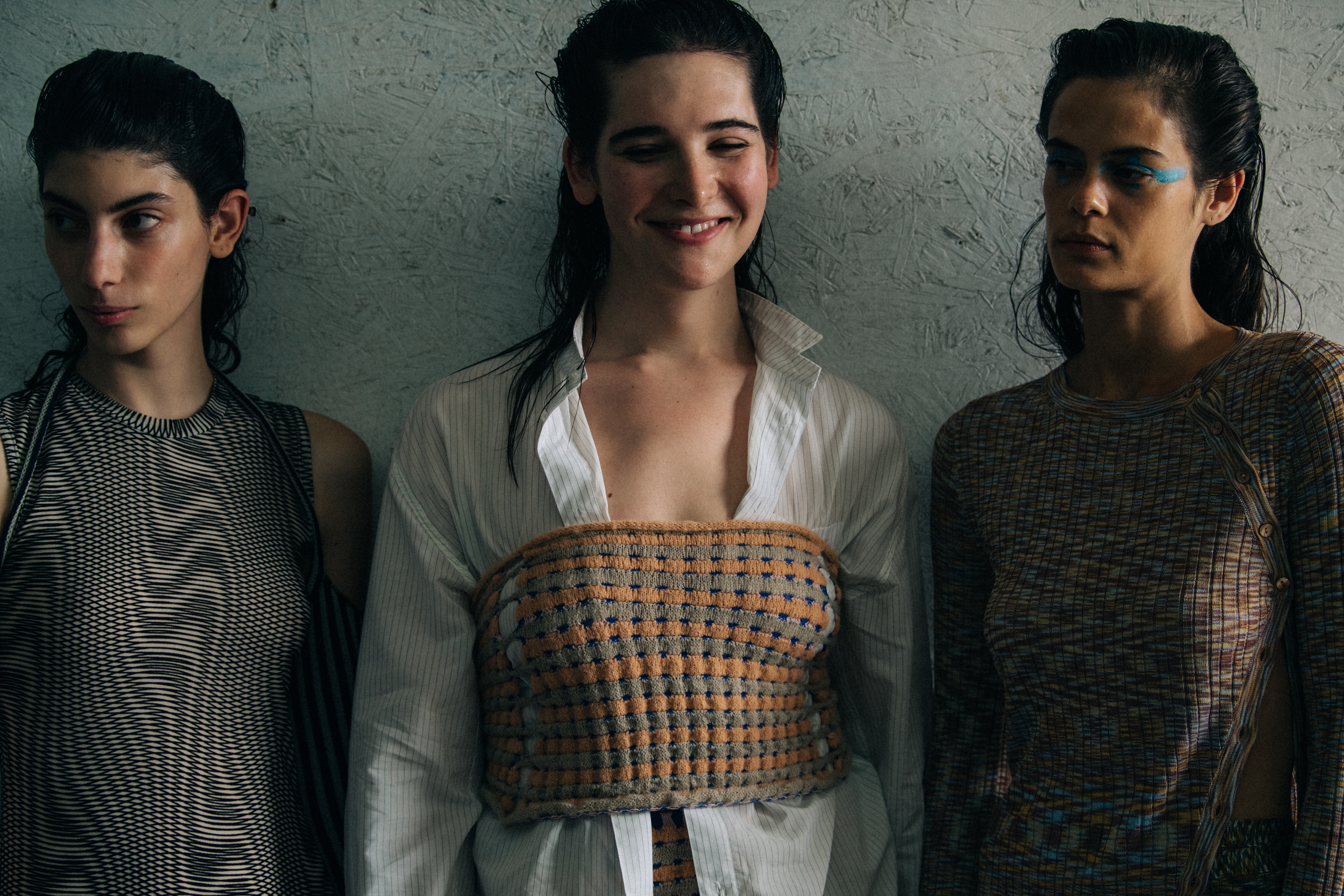 Model wearing wool outfit at Eckhaus Latta