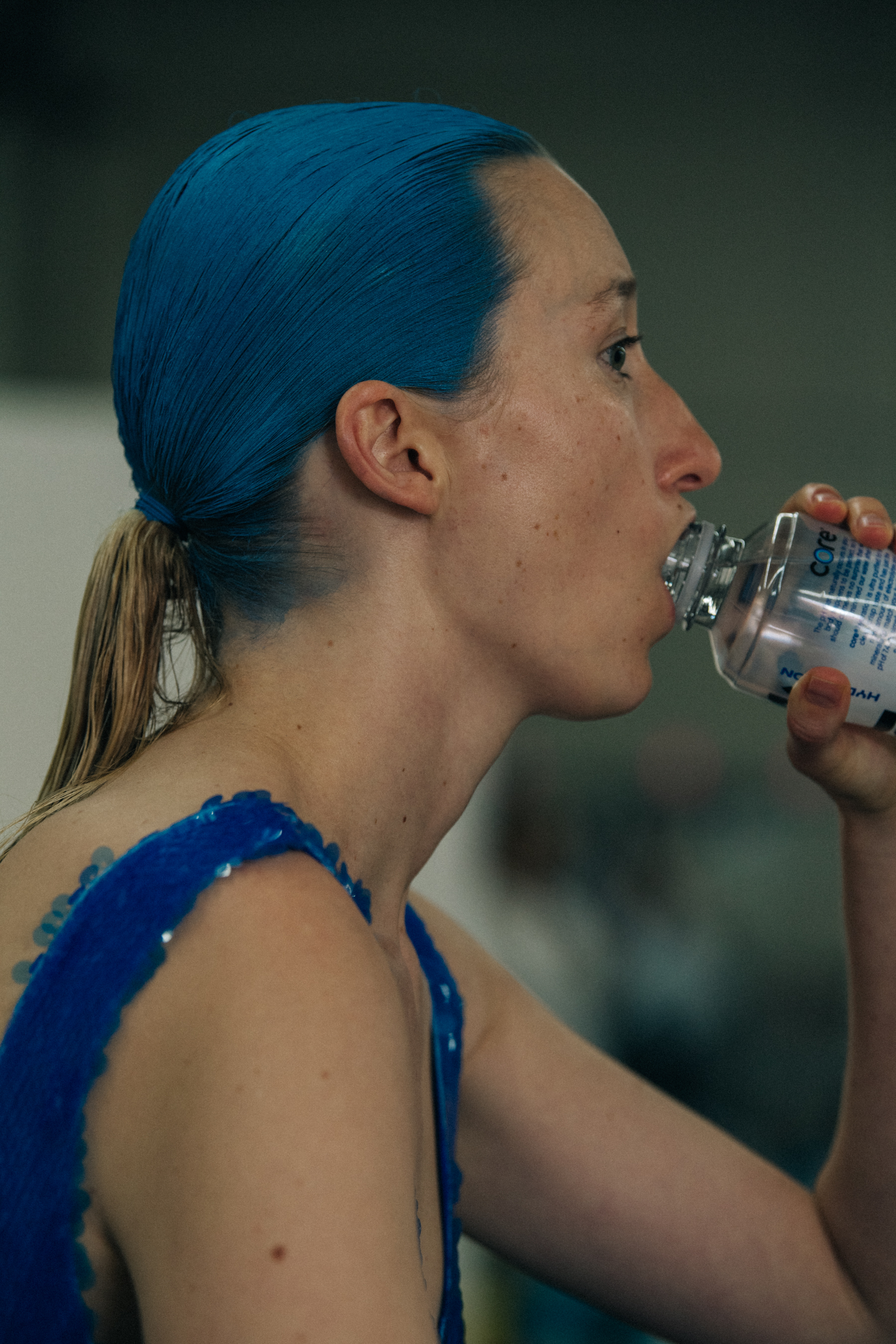 Model with blue hair at Eckhaus Latta