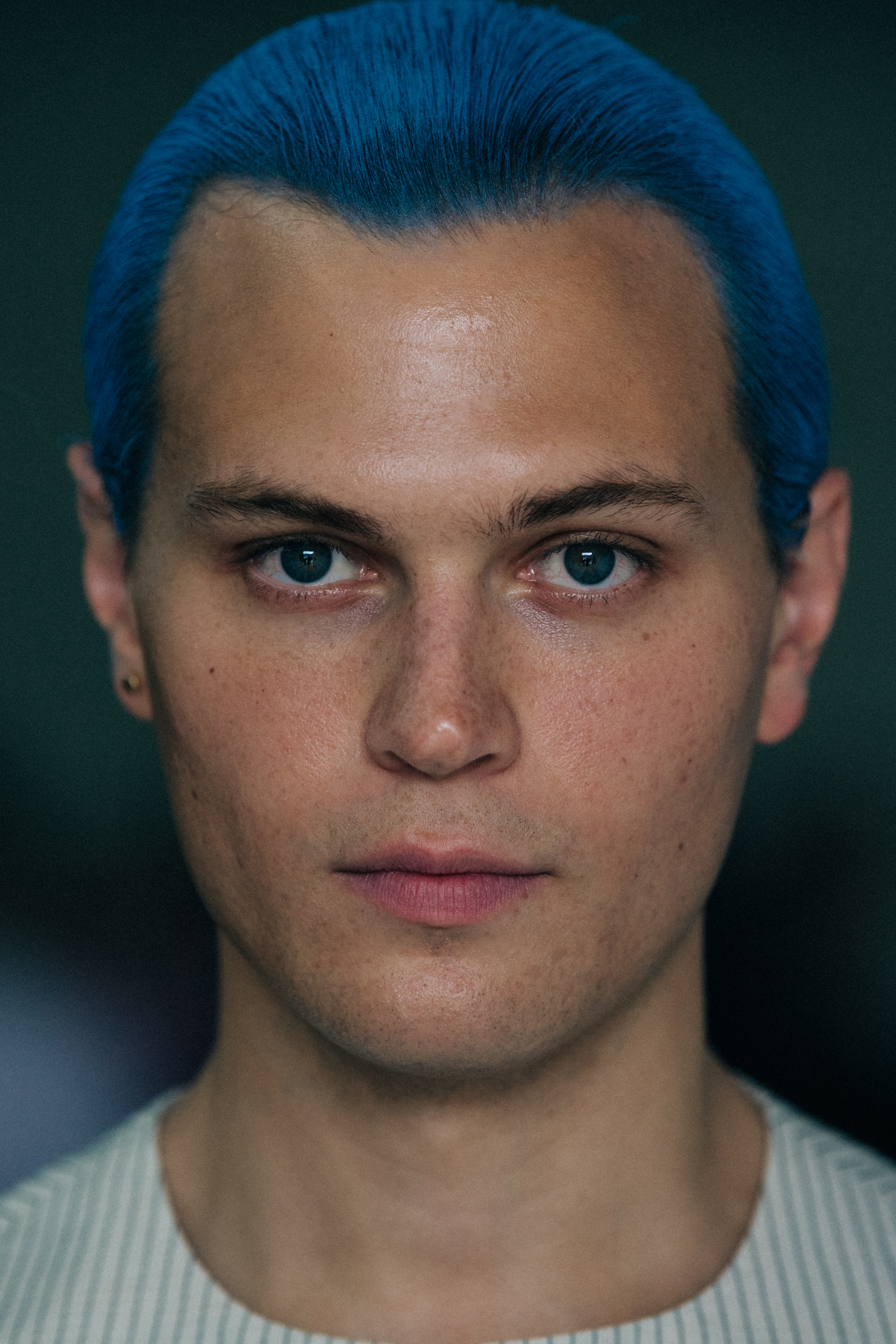 Model with blue hair at Eckhaus Latta