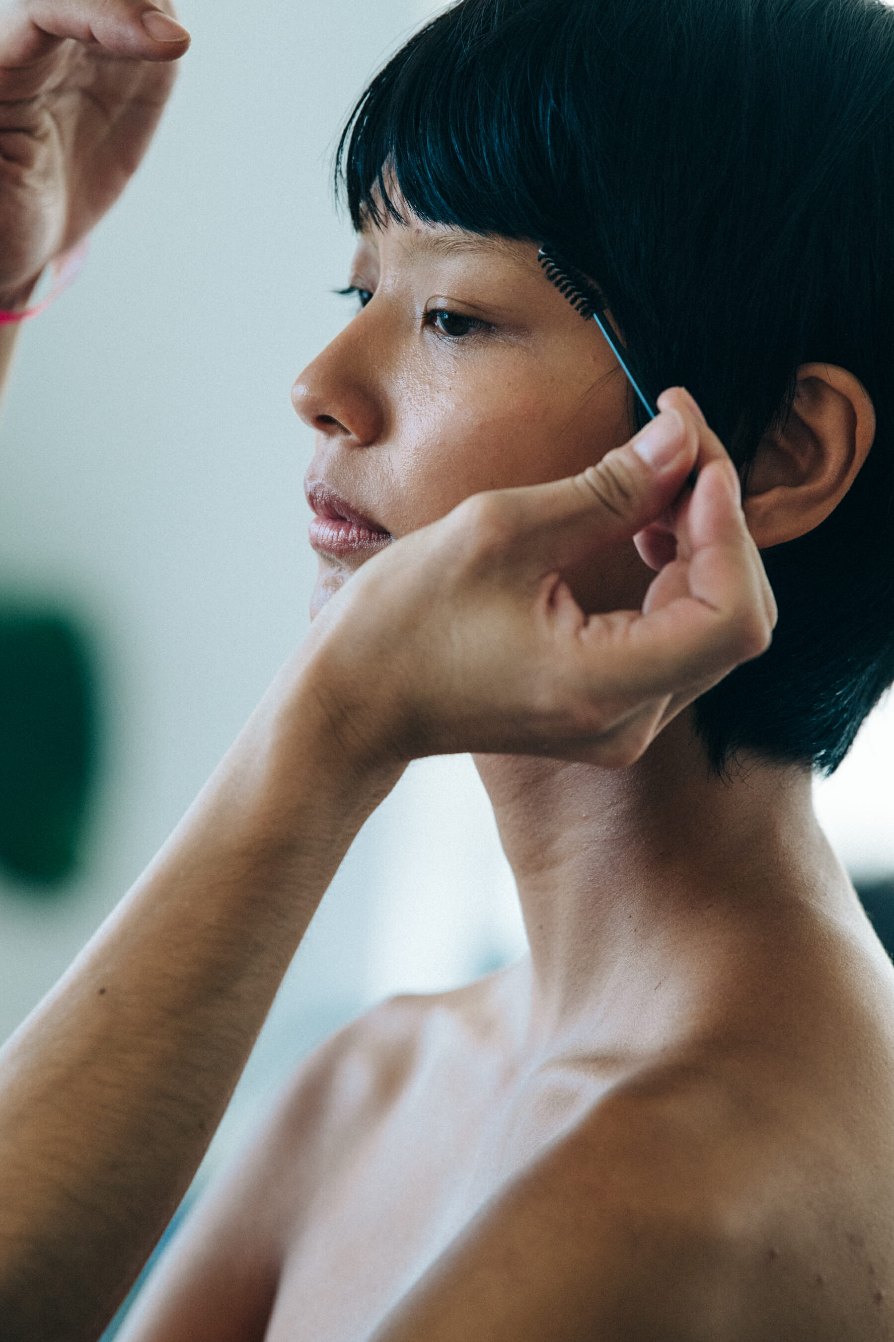 Model in hair and makeup at Mansur Gavriel