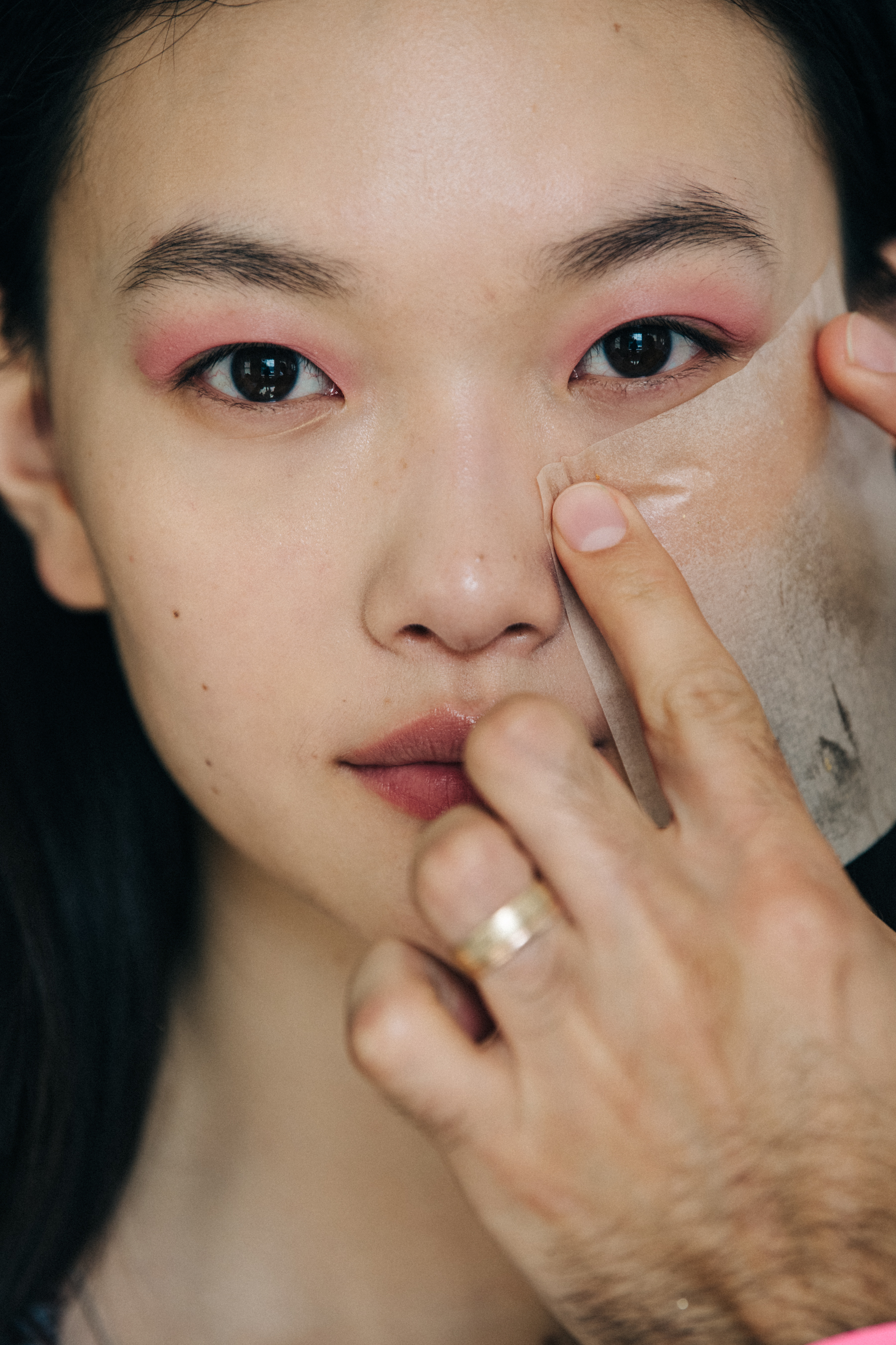 Model in hair and makeup at Mansur Gavriel