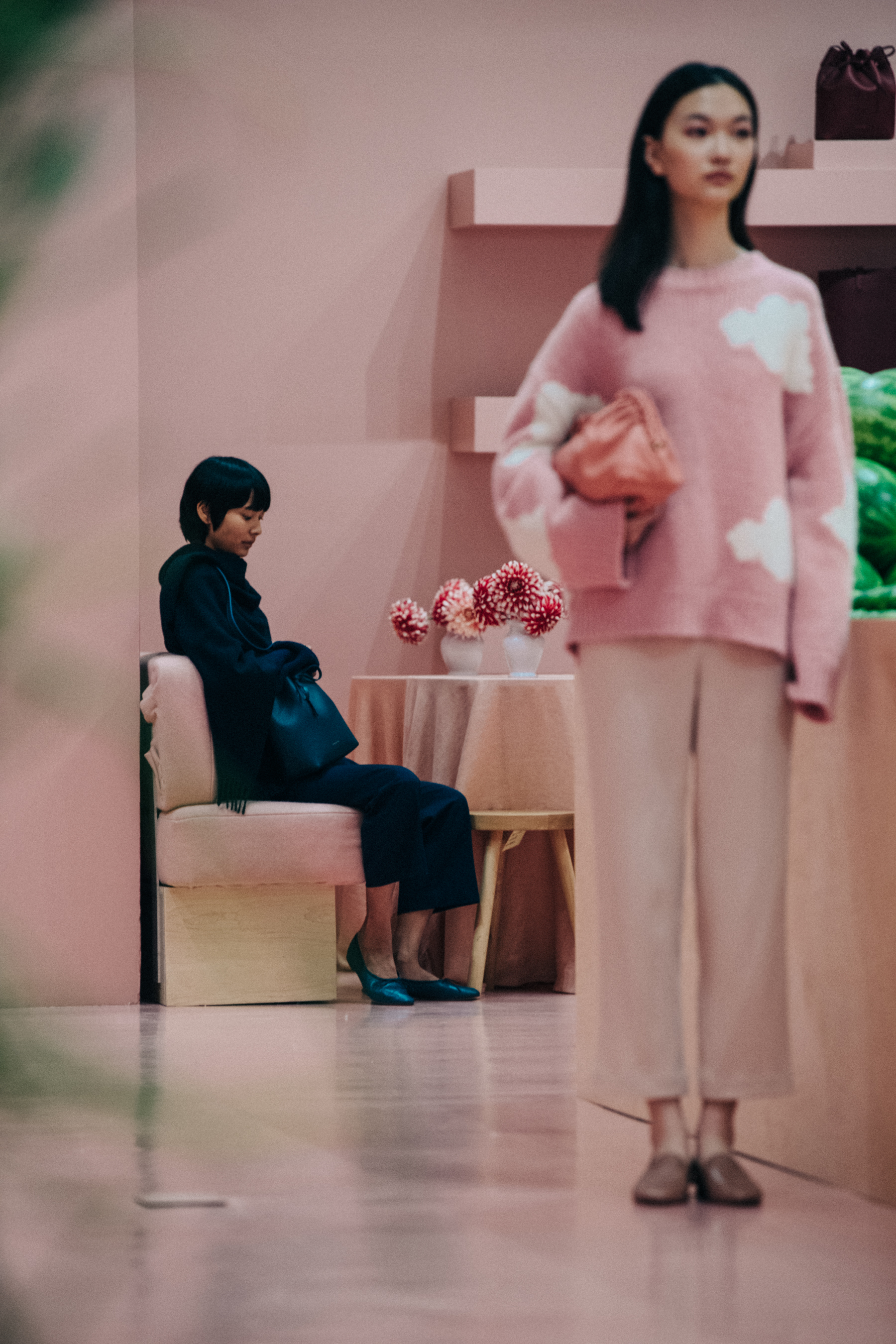 Model wearing pink at Mansur Gavriel