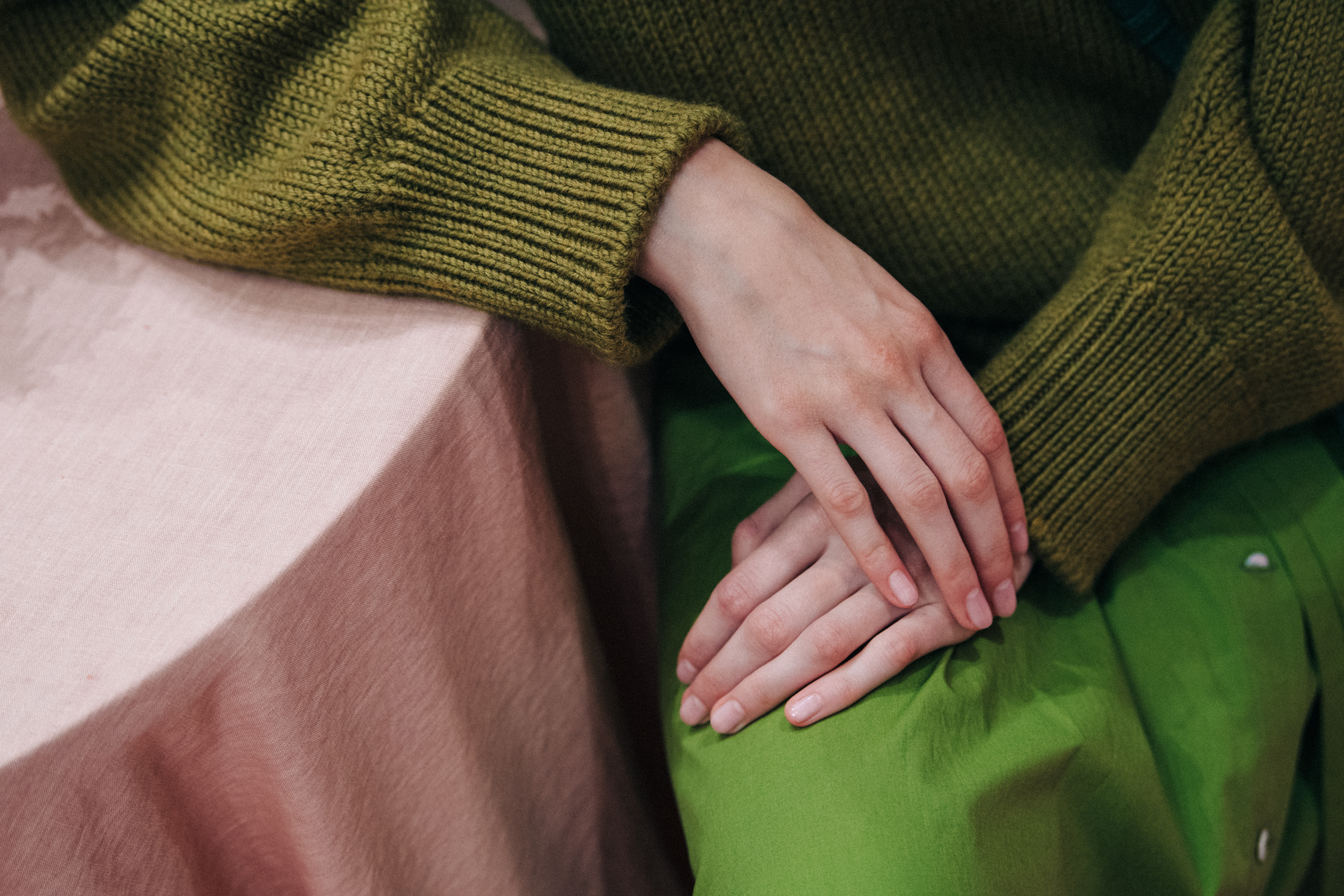 Model wearing green at Mansur Gavriel