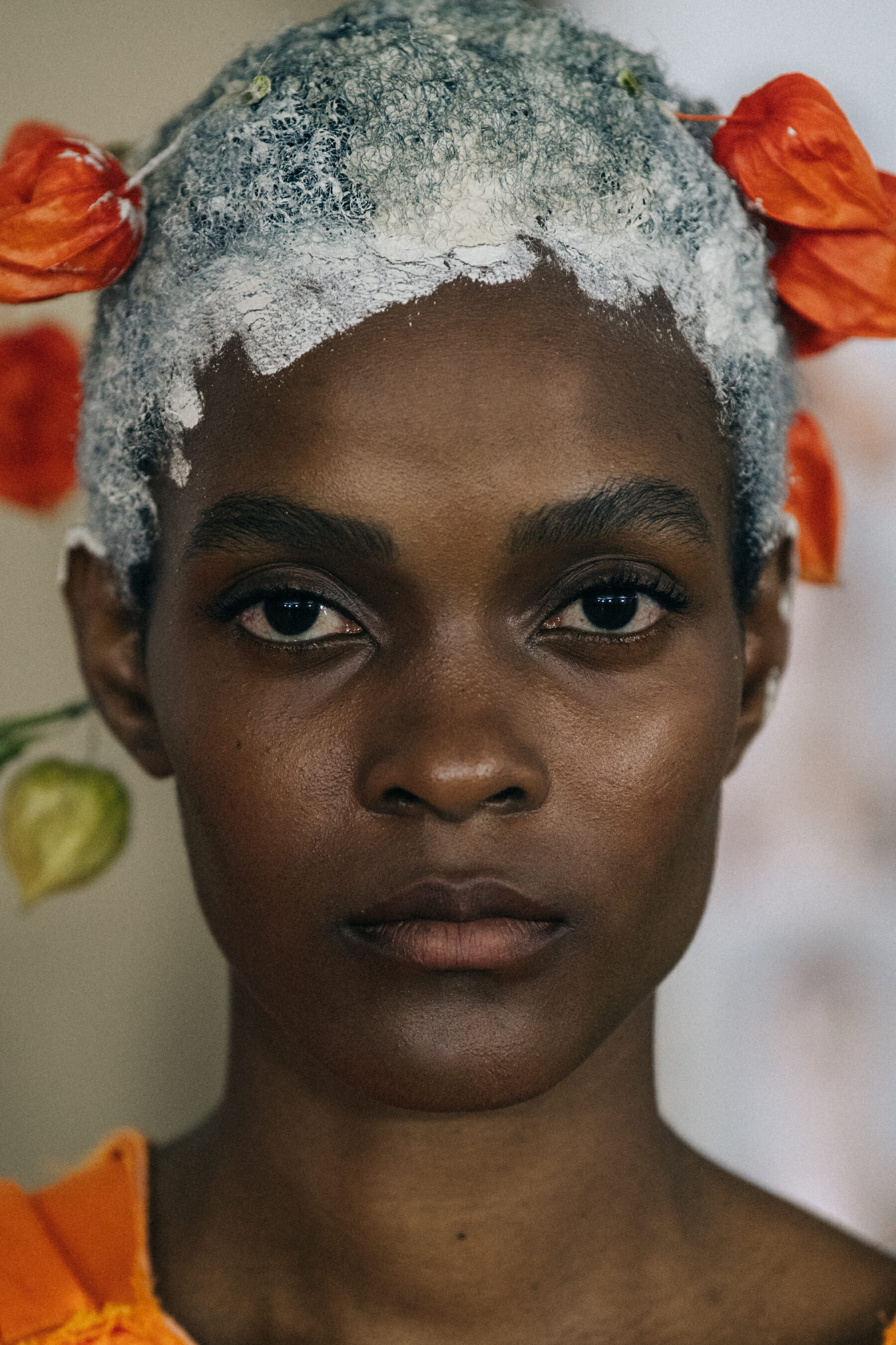 Portrait of model with painted hair