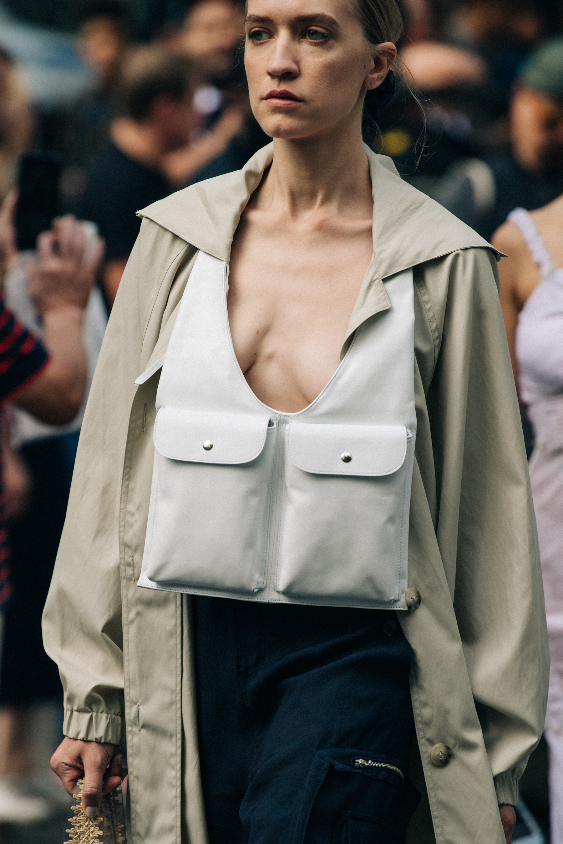 Model wearing tan coat at Maryam Nassir Zadeh