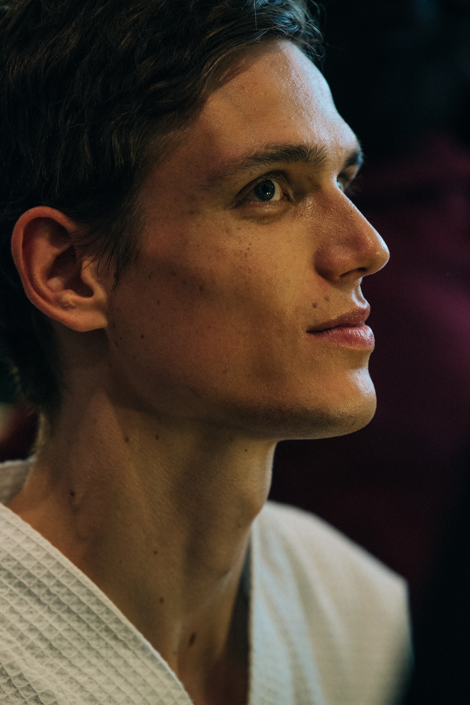 Model in hair and makeup at Thom Browne
