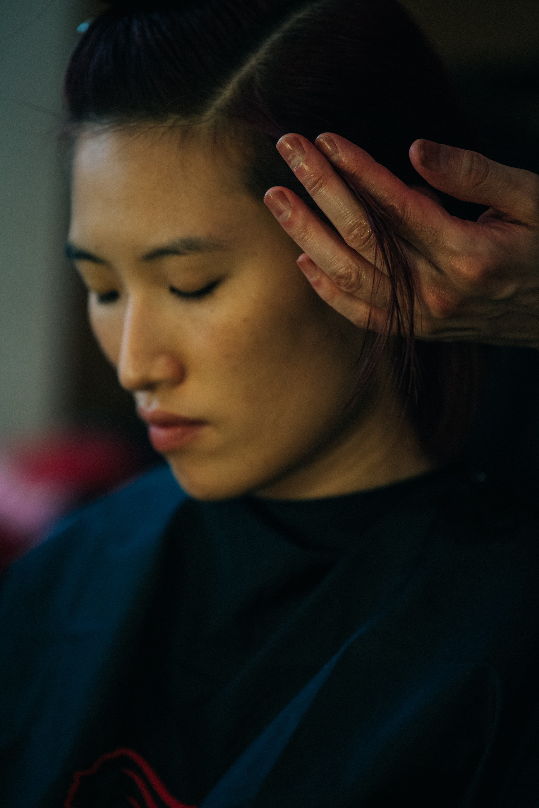 Model in hair and makeup at Thom Browne