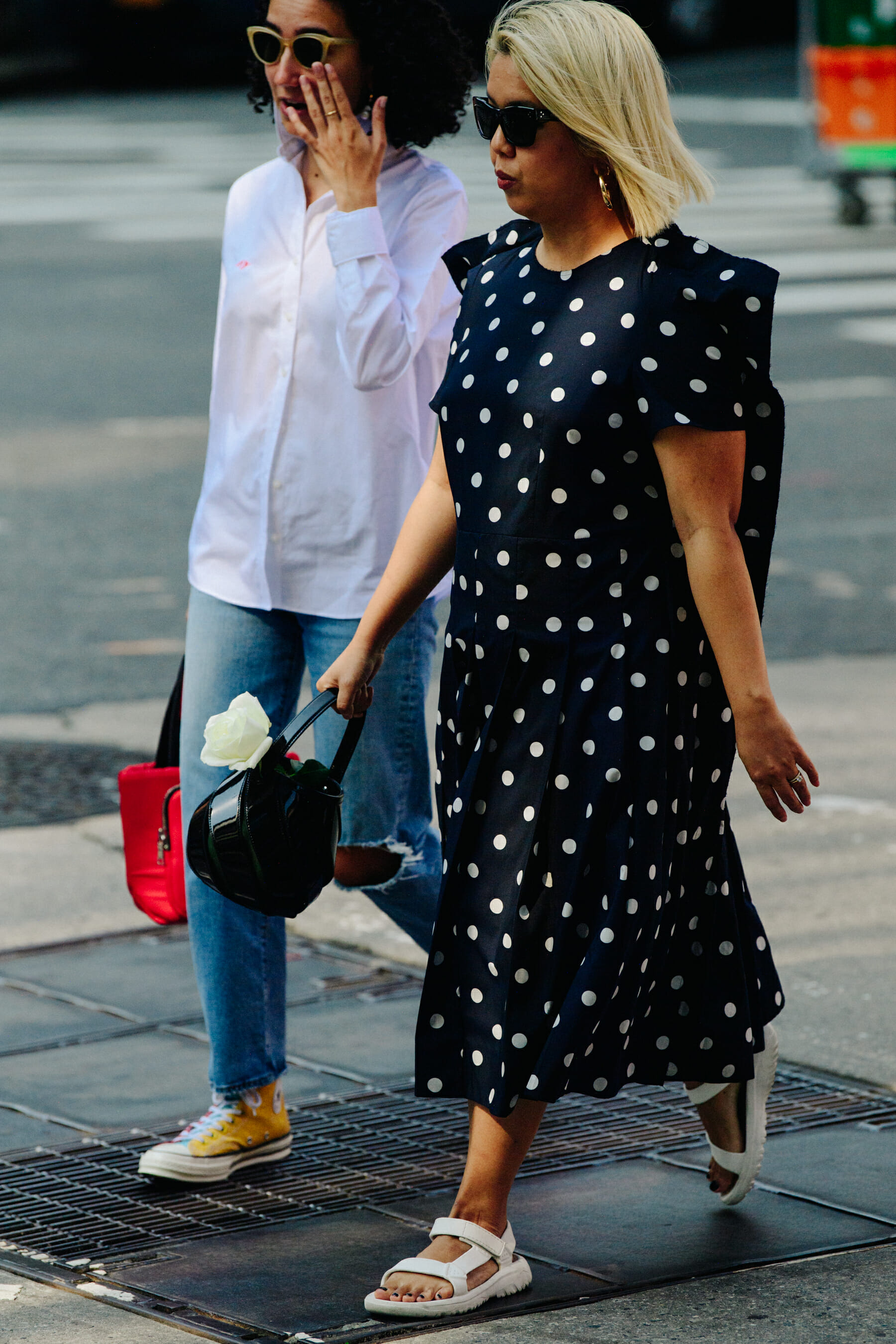 Woman wearing polka dot dress
