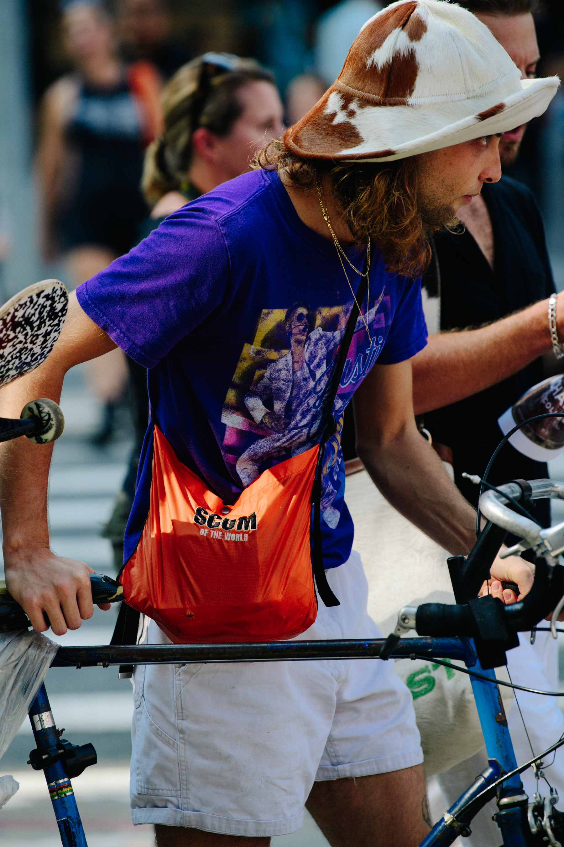 Man wearing fur bucket hat