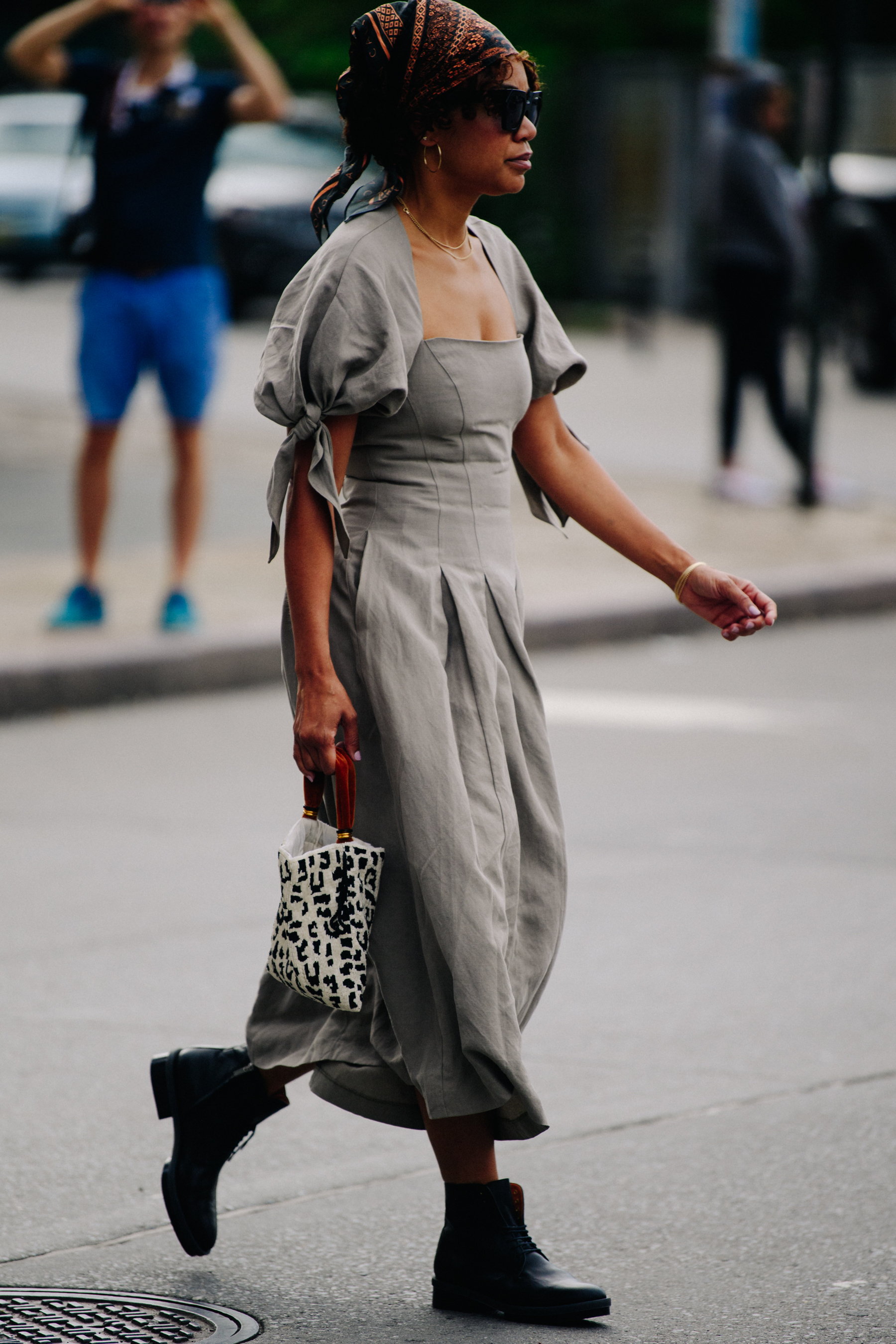 Woman wearing grey dress