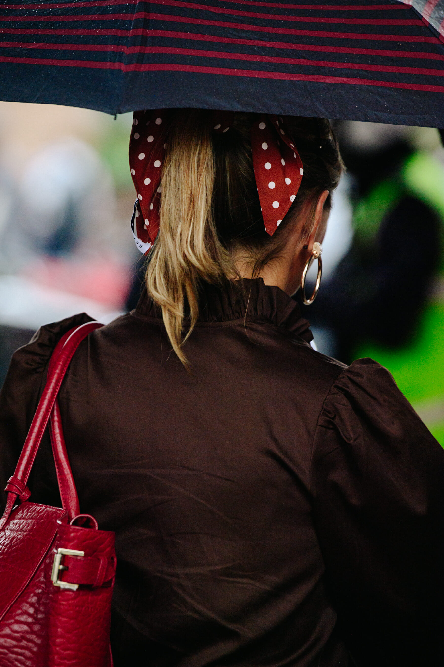 Woman wearing polka dot hair tie