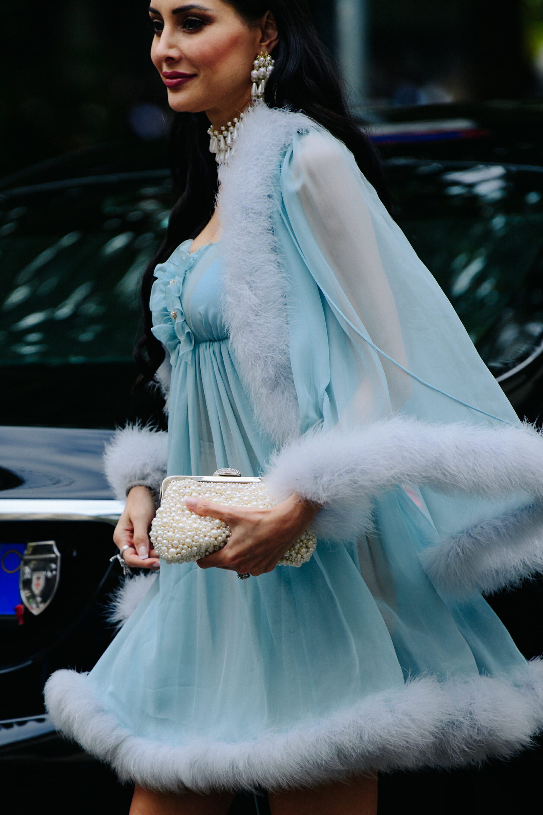 Woman wearing blue dress
