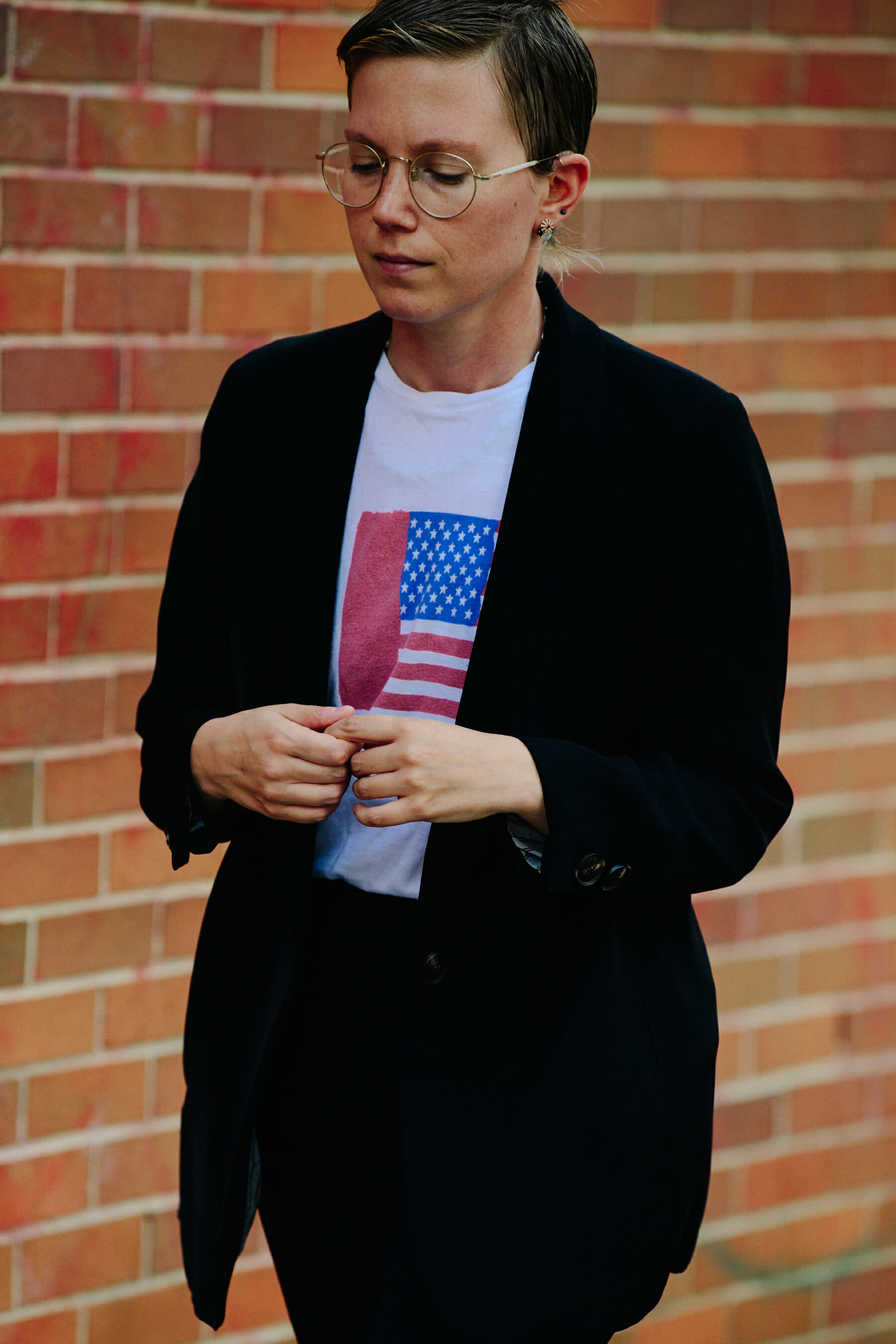 Woman wearing USA flag shirt