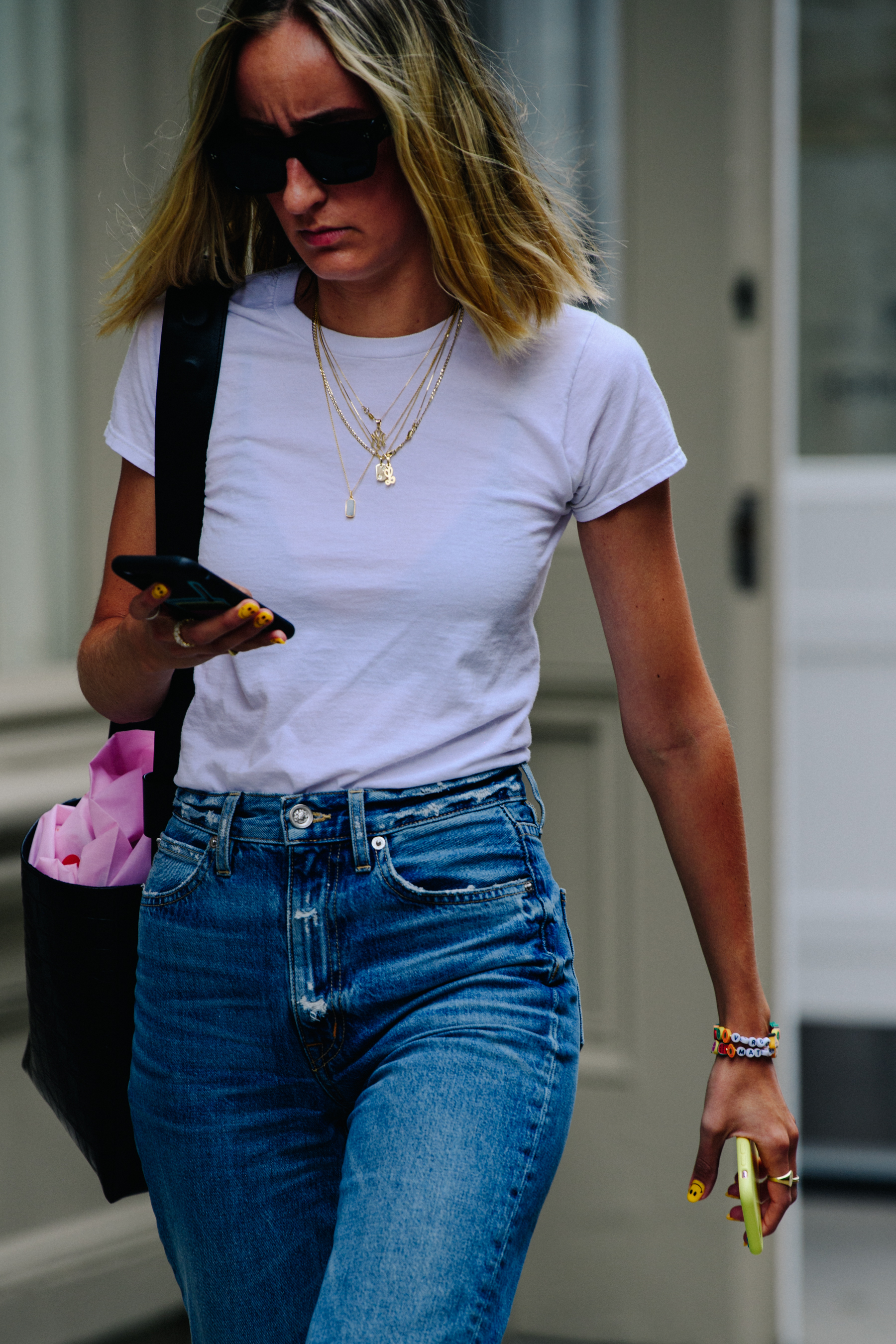 Woman wearing white tee shirt