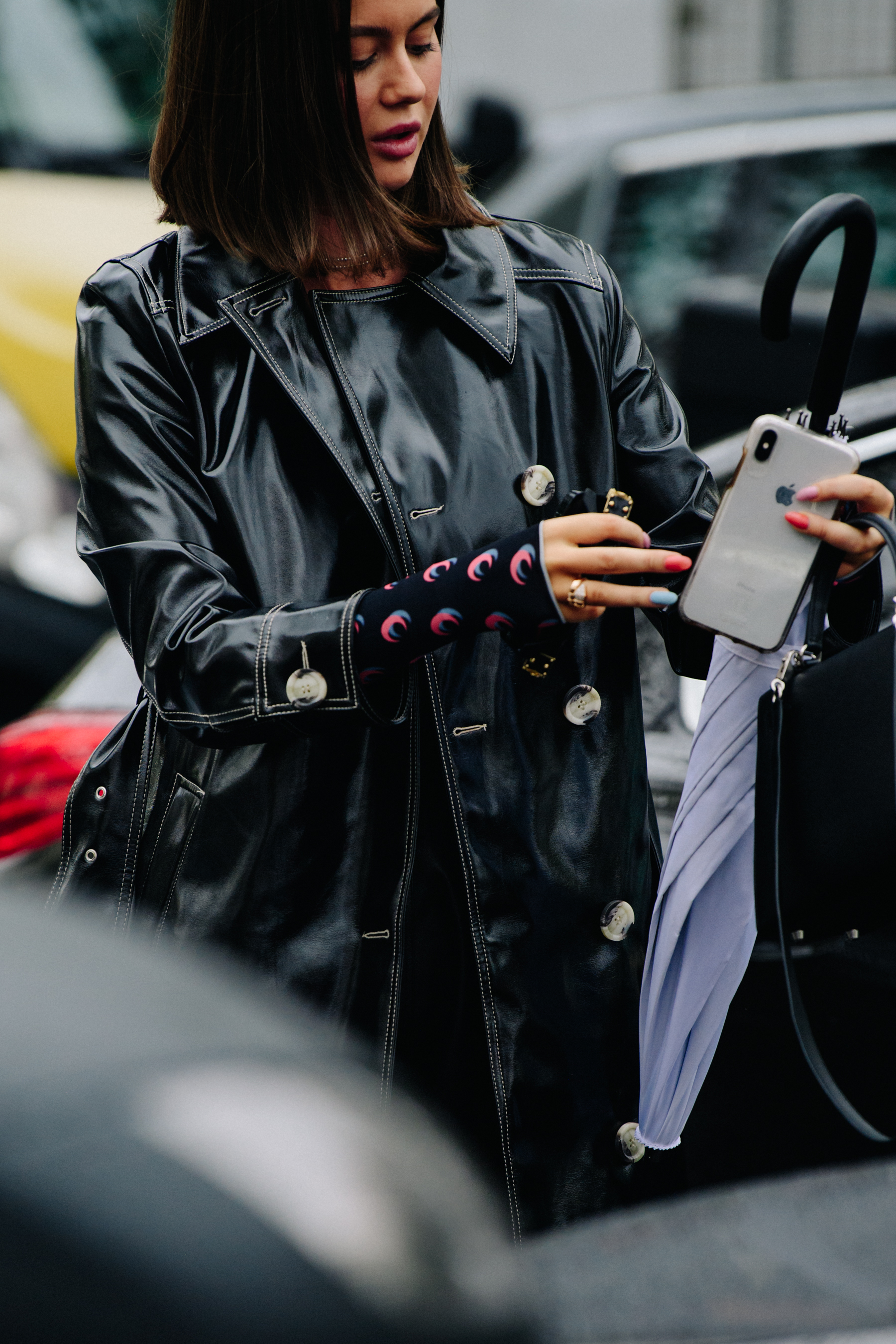 Woman wearing leather coat