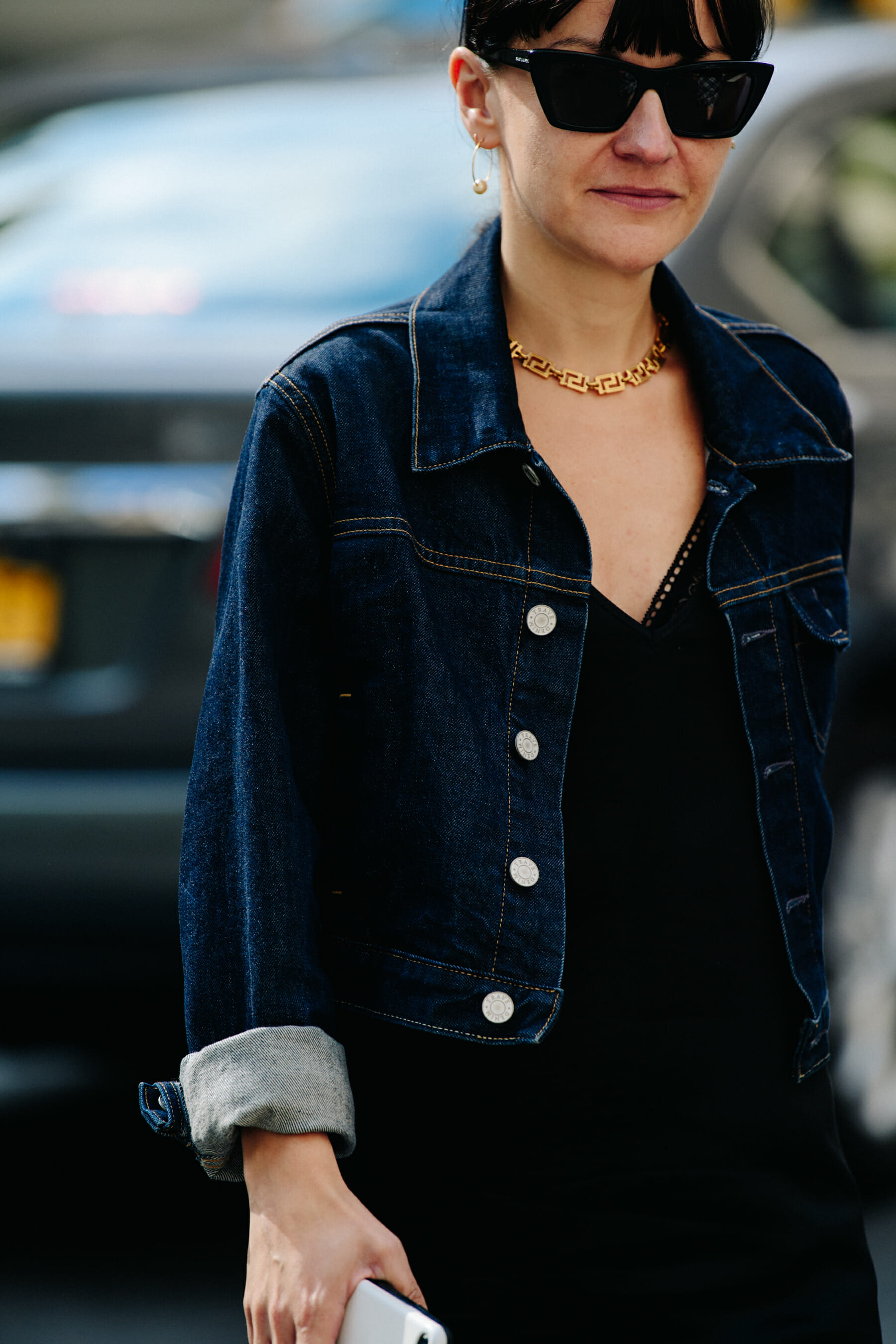 Woman wearing denim jacket