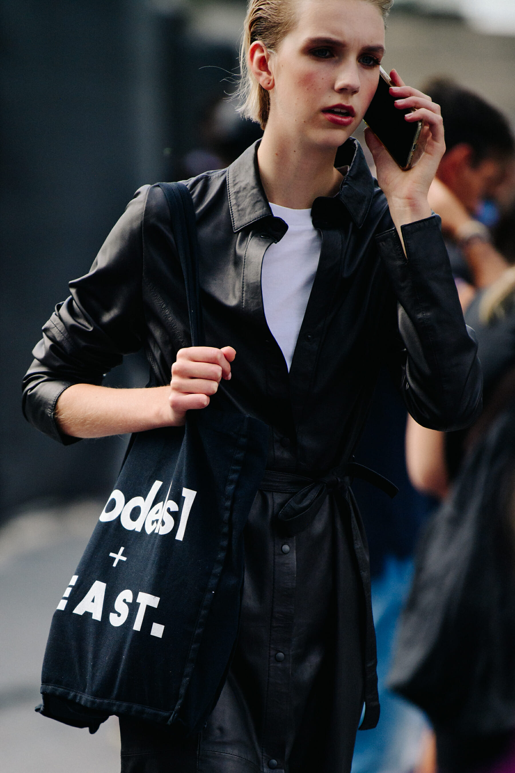 Model wearing leather coat