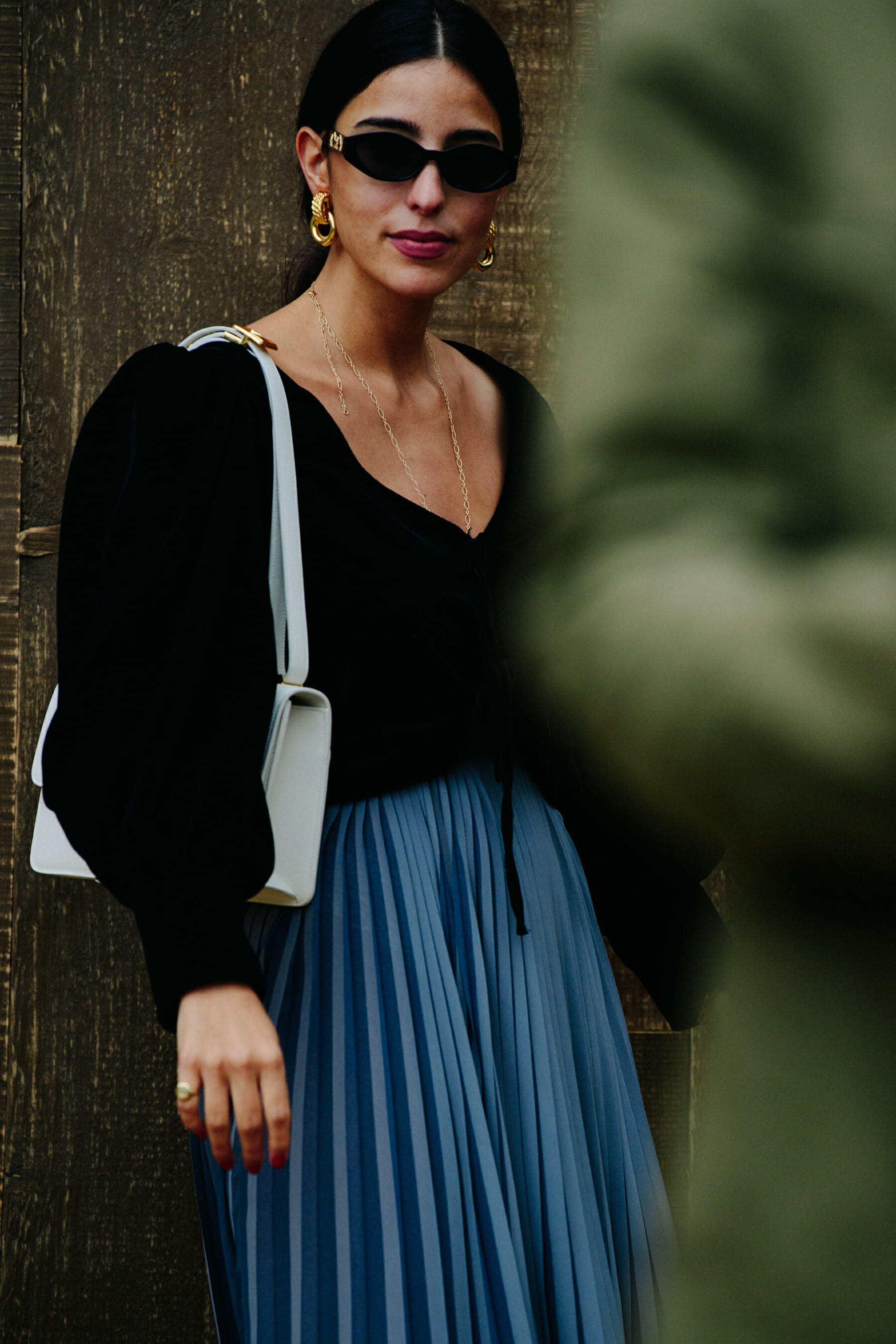 Woman wearing grey skirt