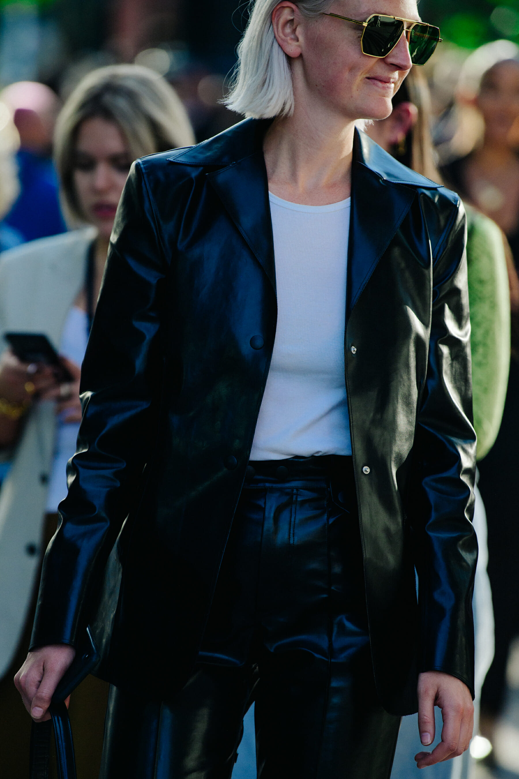 Woman wearing leather jacket