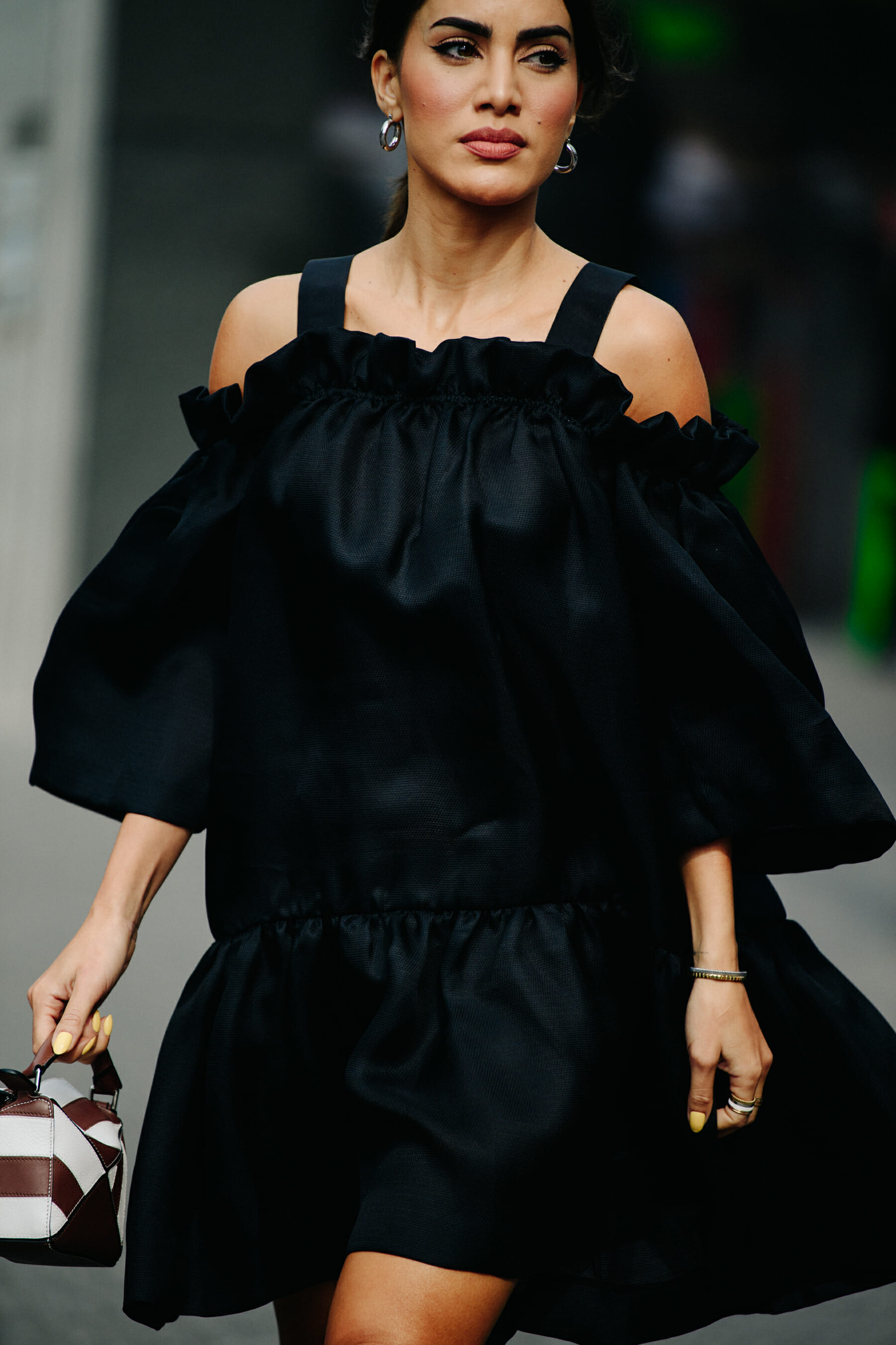 Woman wearing black dress